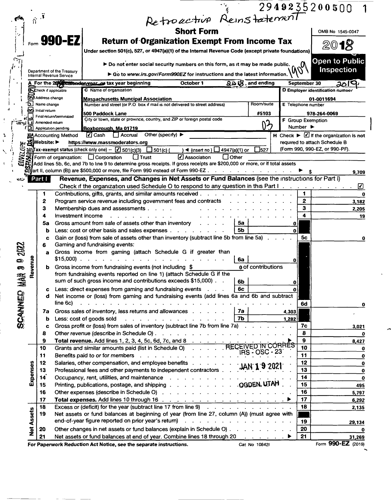 Image of first page of 2018 Form 990EZ for Massachusetts Moderators Association