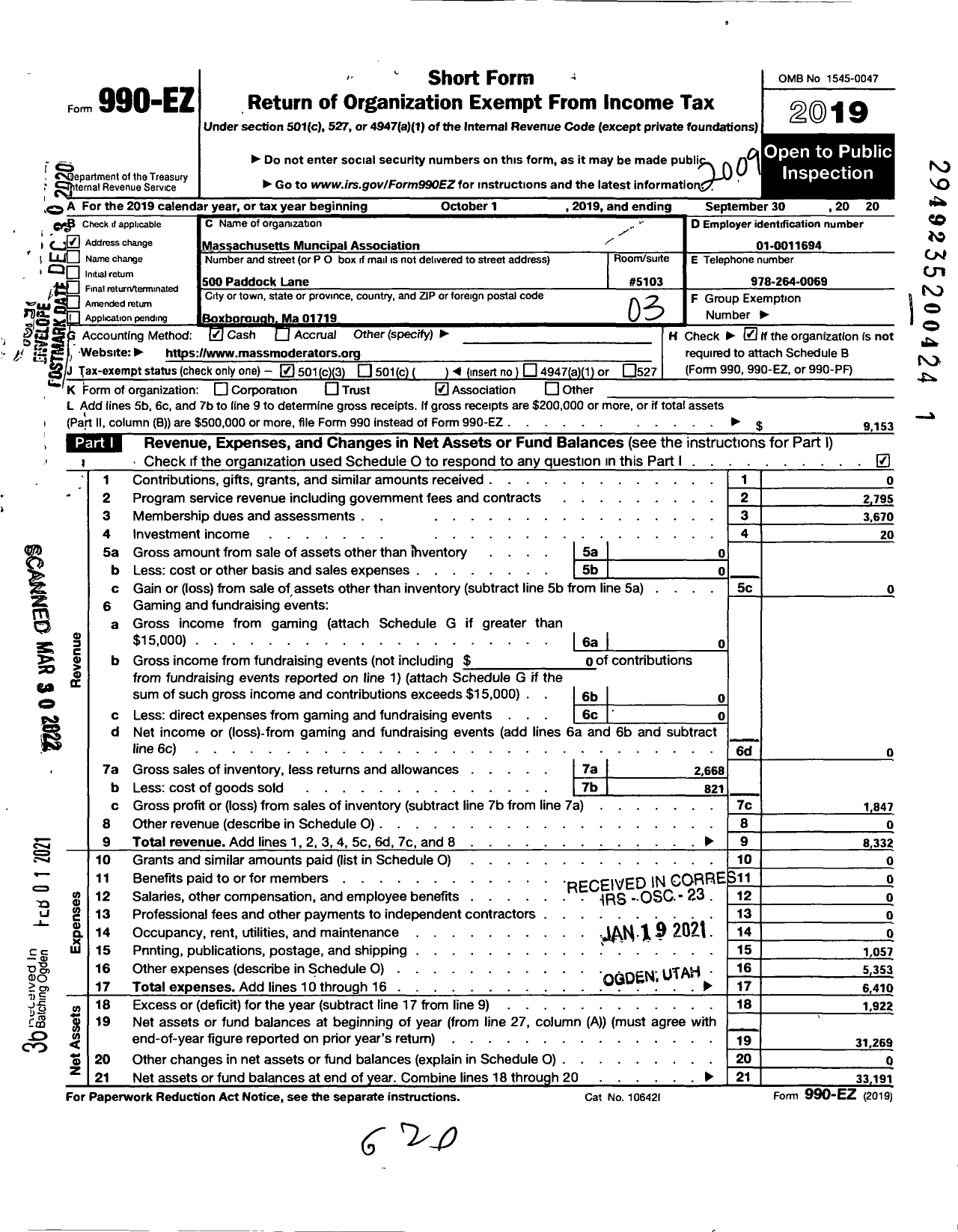 Image of first page of 2019 Form 990EZ for Massachusetts Moderators Association