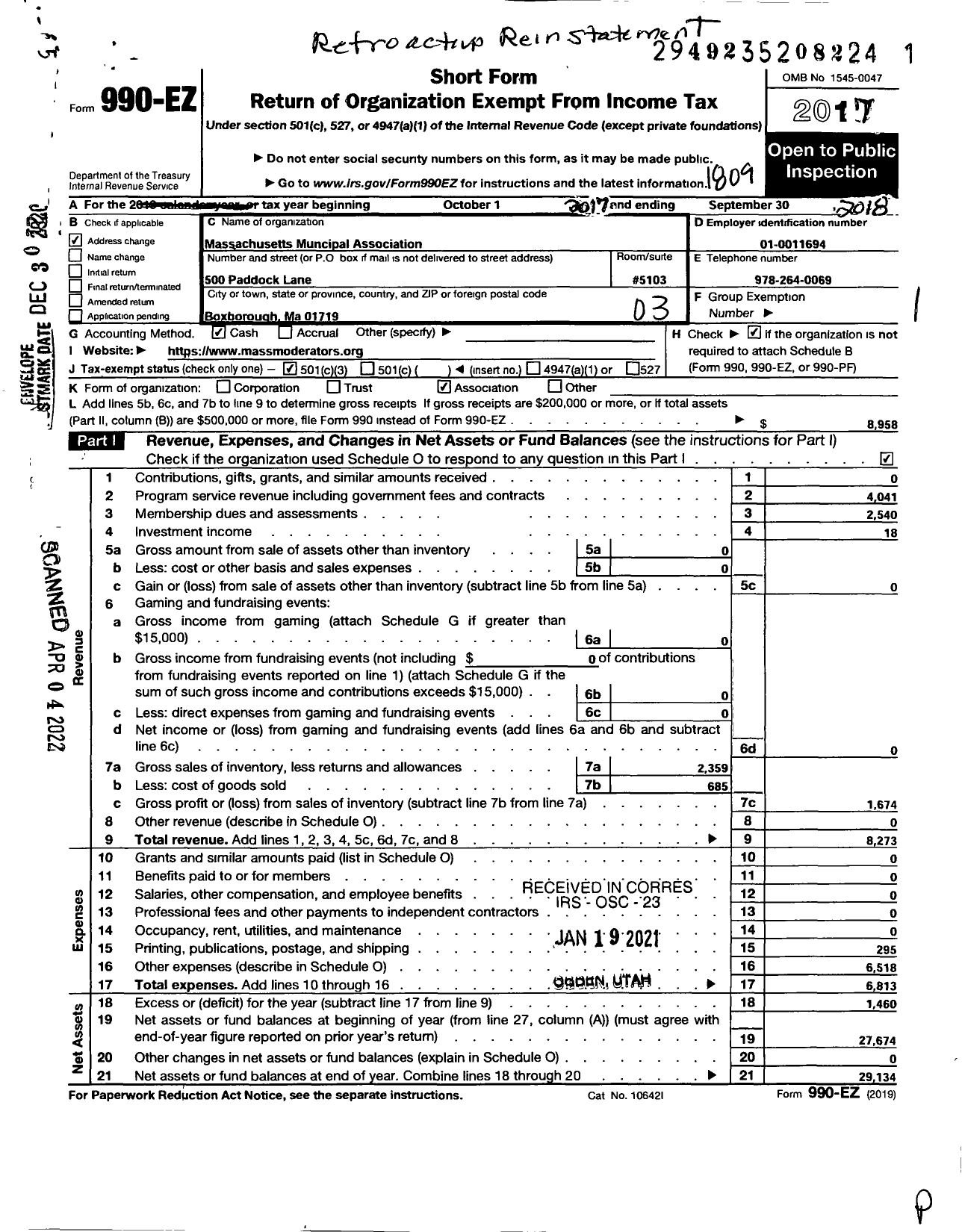 Image of first page of 2017 Form 990EZ for Massachusetts Moderators Association