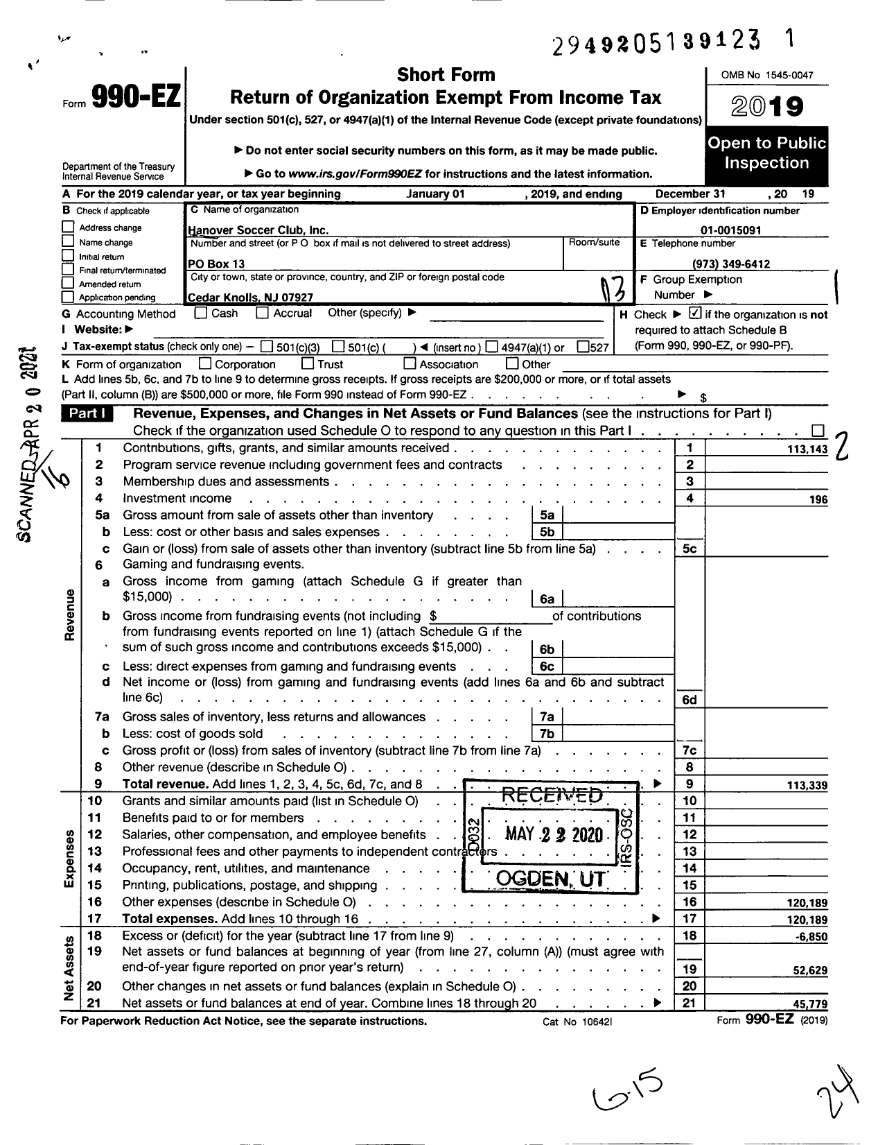 Image of first page of 2019 Form 990EZ for Hanover Soccer Club