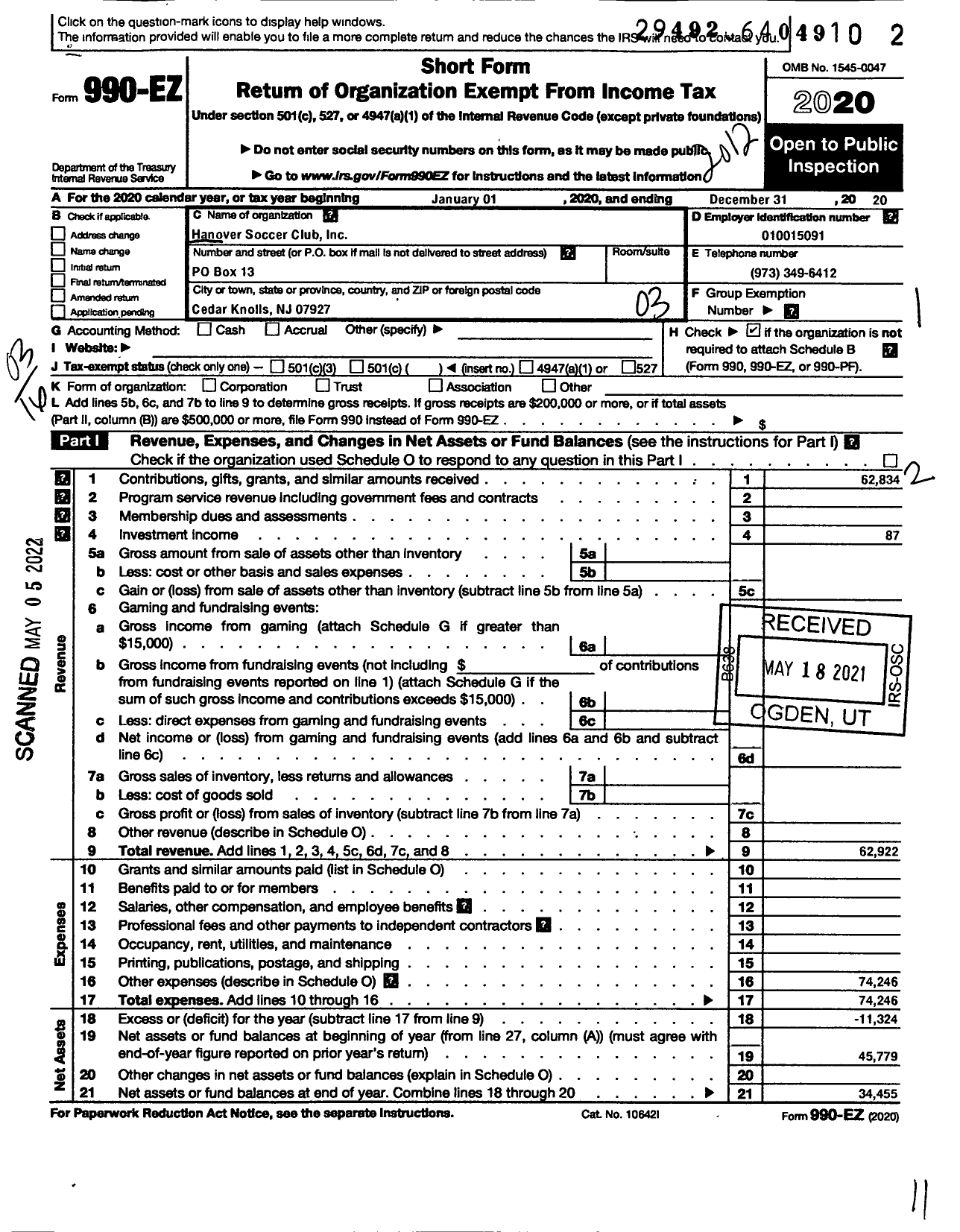 Image of first page of 2020 Form 990EZ for Hanover Soccer Club