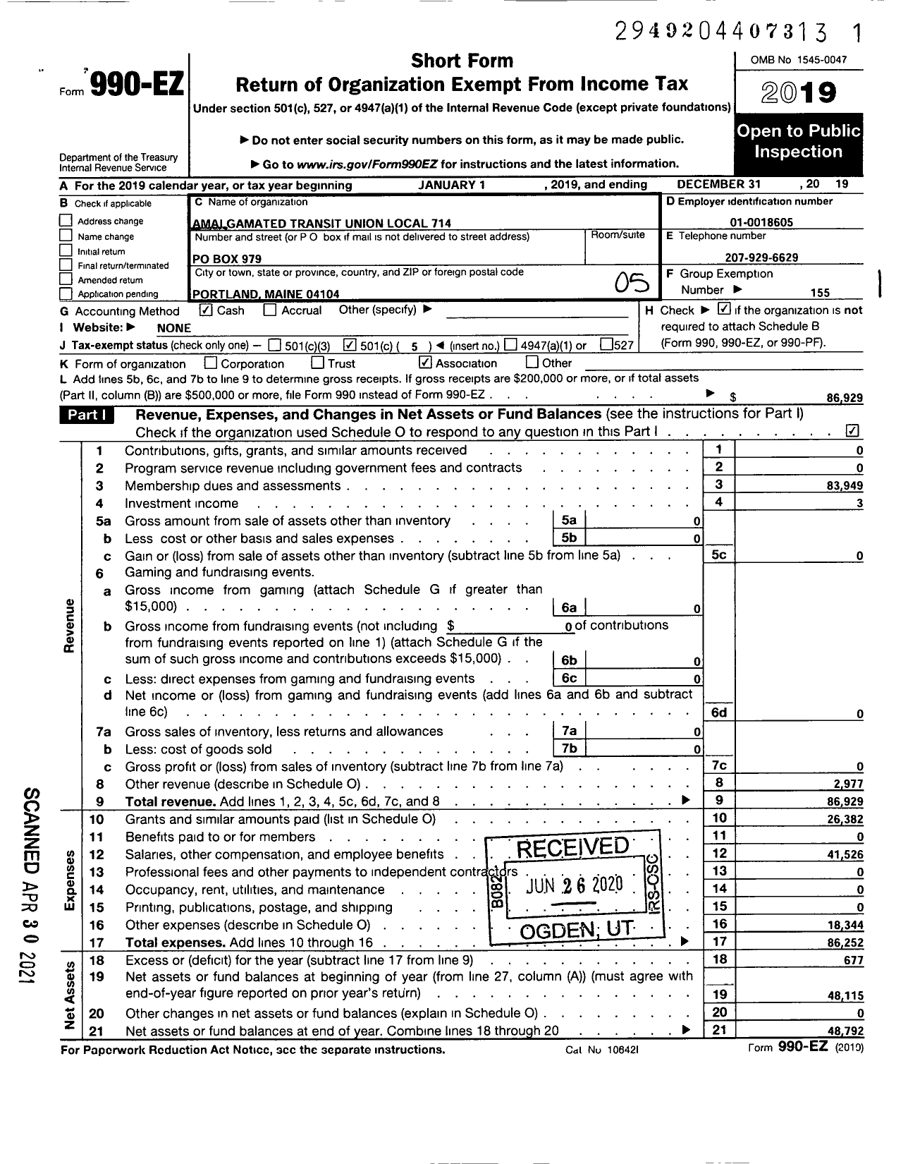 Image of first page of 2019 Form 990EO for Amalgamated Transit Union - 714 Local