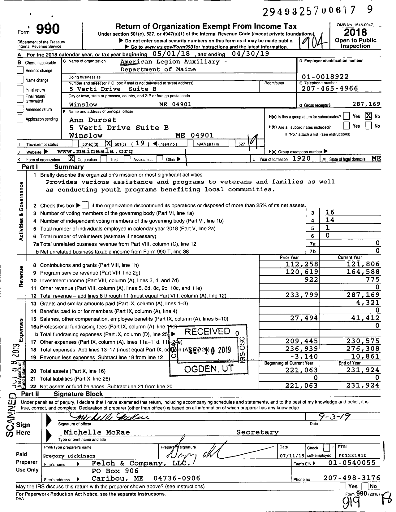 Image of first page of 2018 Form 990O for American Legion Auxiliary - 178 Daniel E Lambert Memorial