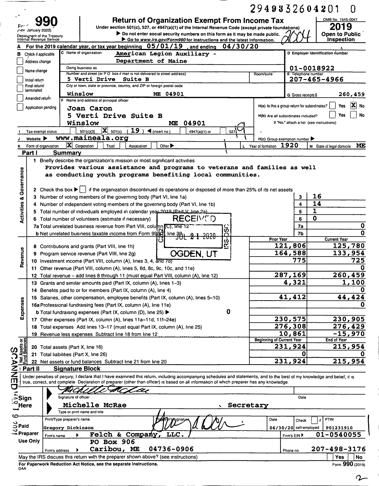 Image of first page of 2019 Form 990O for American Legion Auxiliary - 178 Daniel E Lambert Memorial