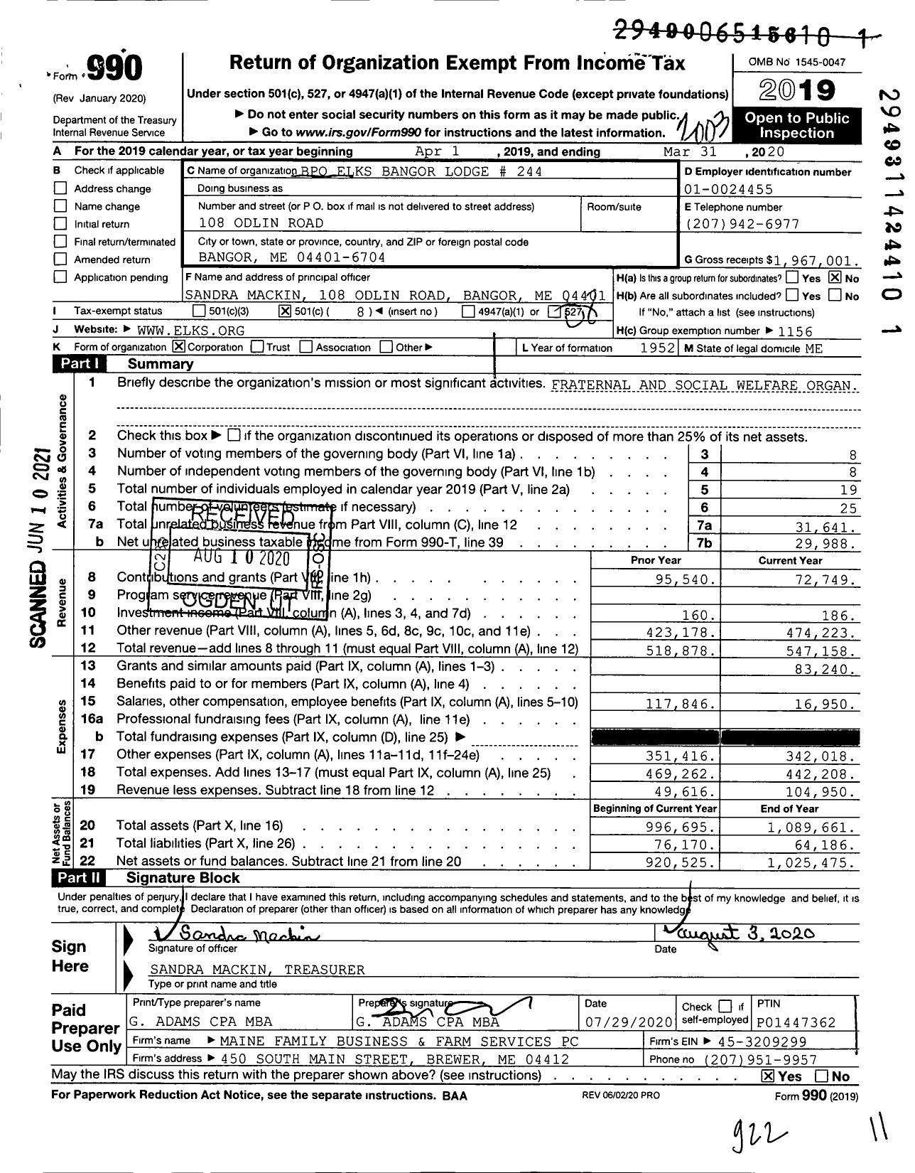 Image of first page of 2019 Form 990O for Benevolent and Protective Order of Elks - 244 Bangor