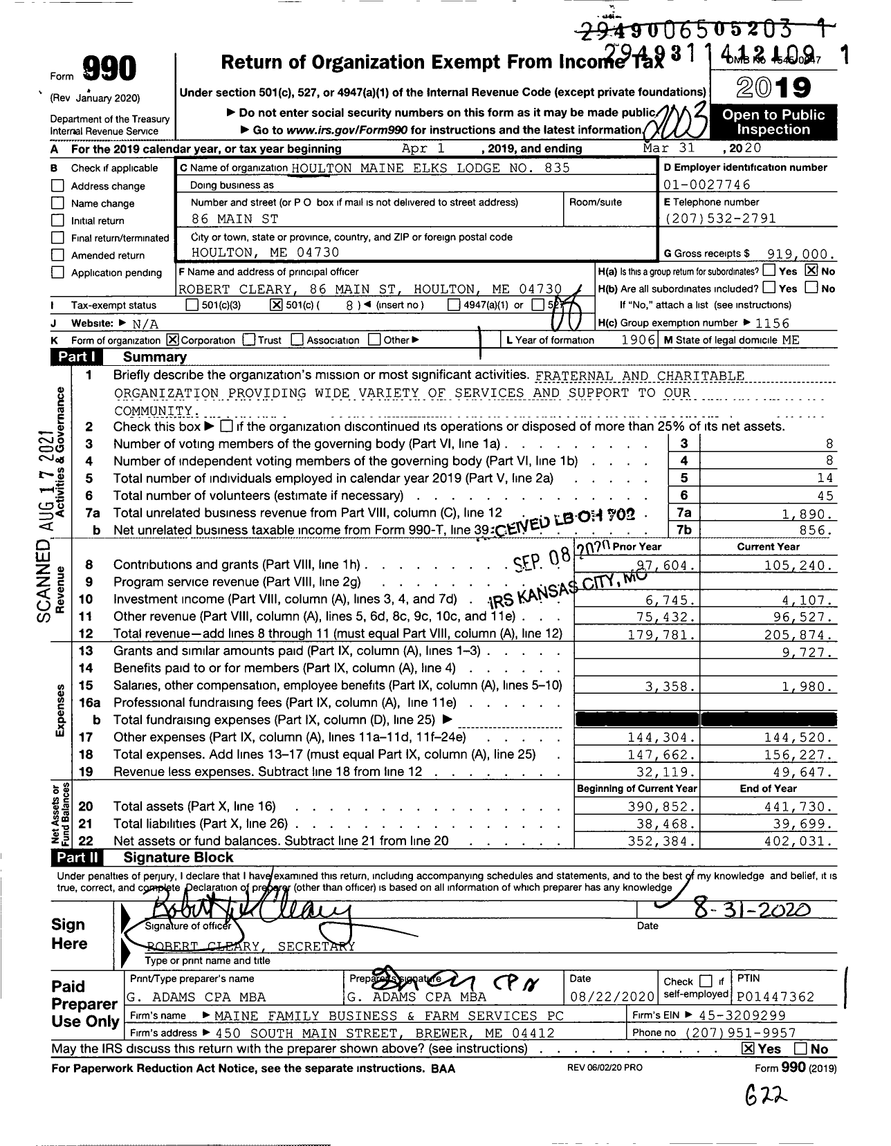 Image of first page of 2019 Form 990O for Benevolent and Protective Order of Elks - 835 Houlton