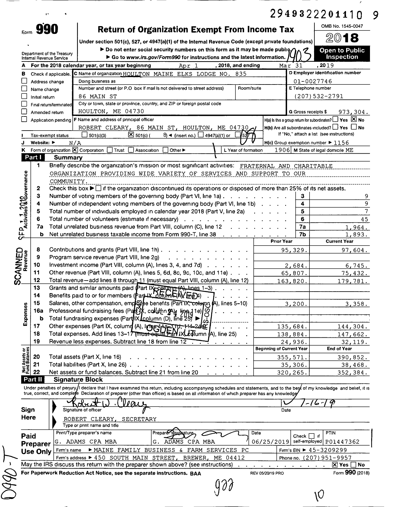 Image of first page of 2018 Form 990O for Benevolent and Protective Order of Elks - 835 Houlton