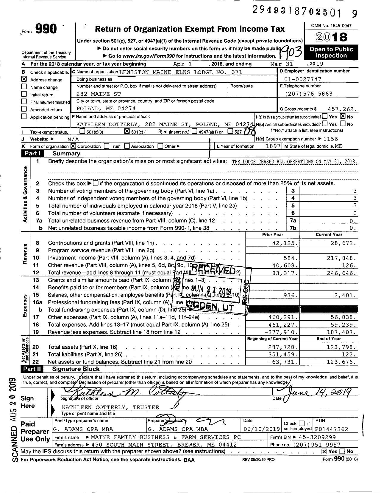 Image of first page of 2018 Form 990O for Benevolent and Protective Order of Elks - Lewiston Lodge 371