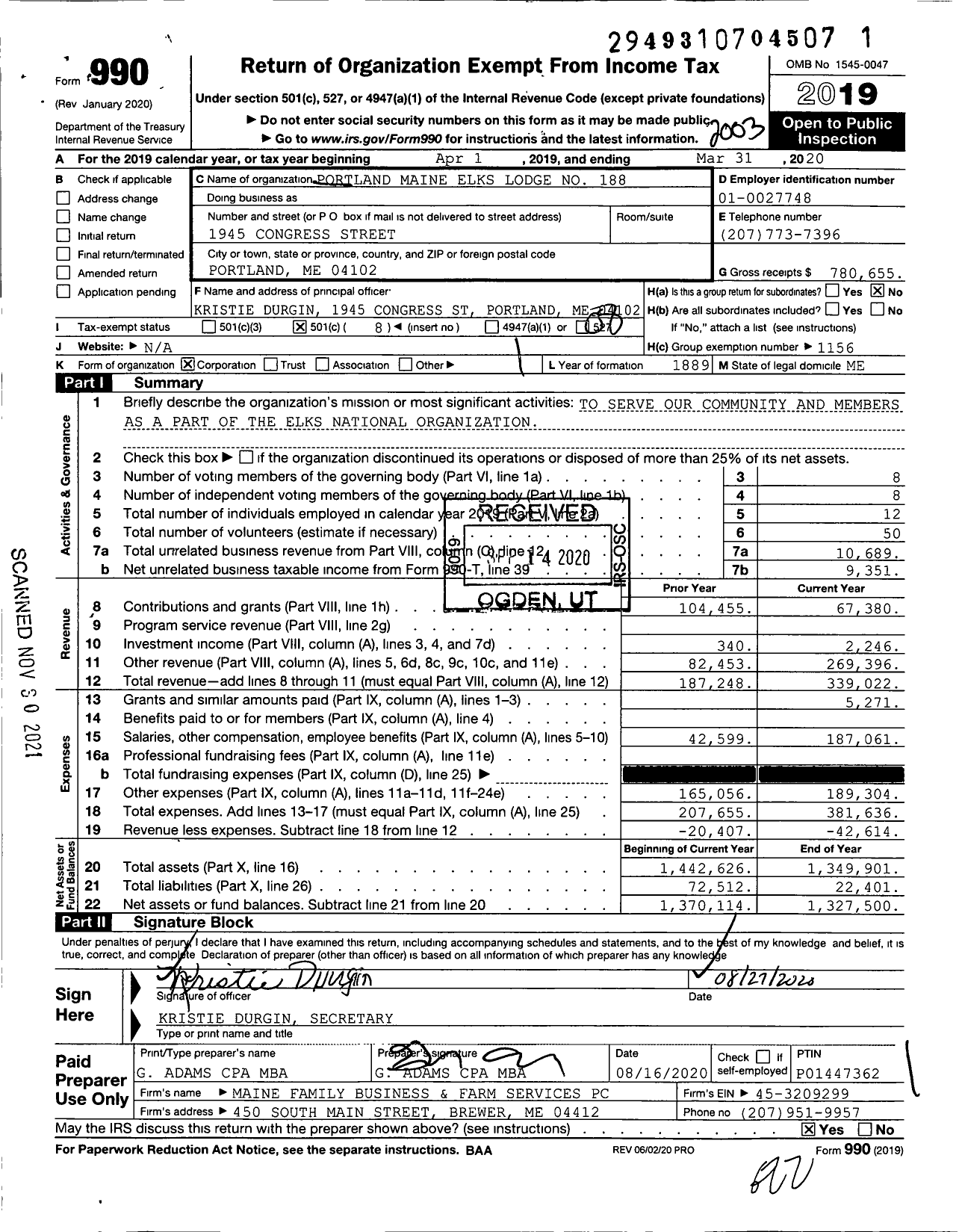 Image of first page of 2019 Form 990O for Benevolent and Protective Order of Elks - 0188 Portland