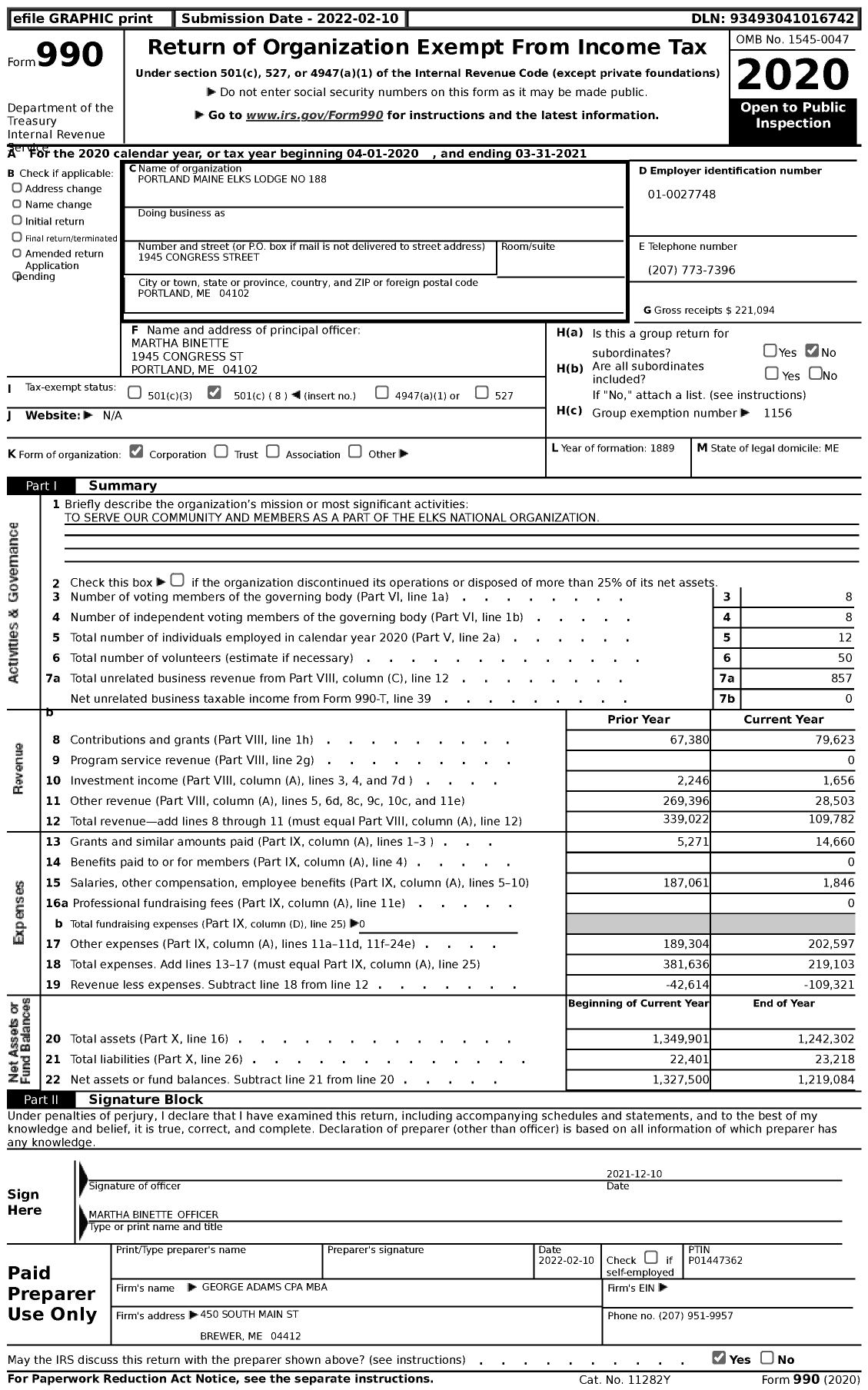 Image of first page of 2020 Form 990 for Benevolent and Protective Order of Elks - 0188 Portland