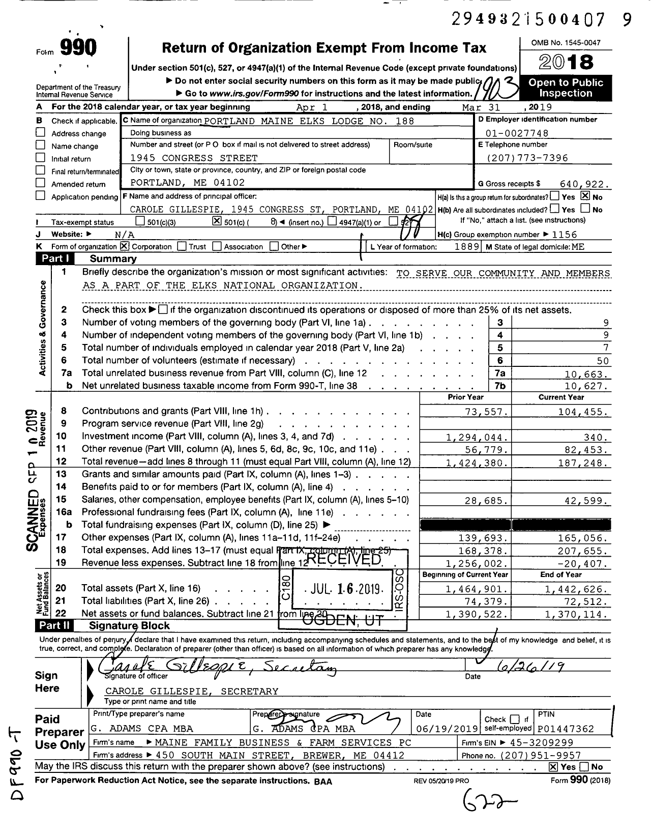 Image of first page of 2018 Form 990O for Benevolent and Protective Order of Elks - 0188 Portland