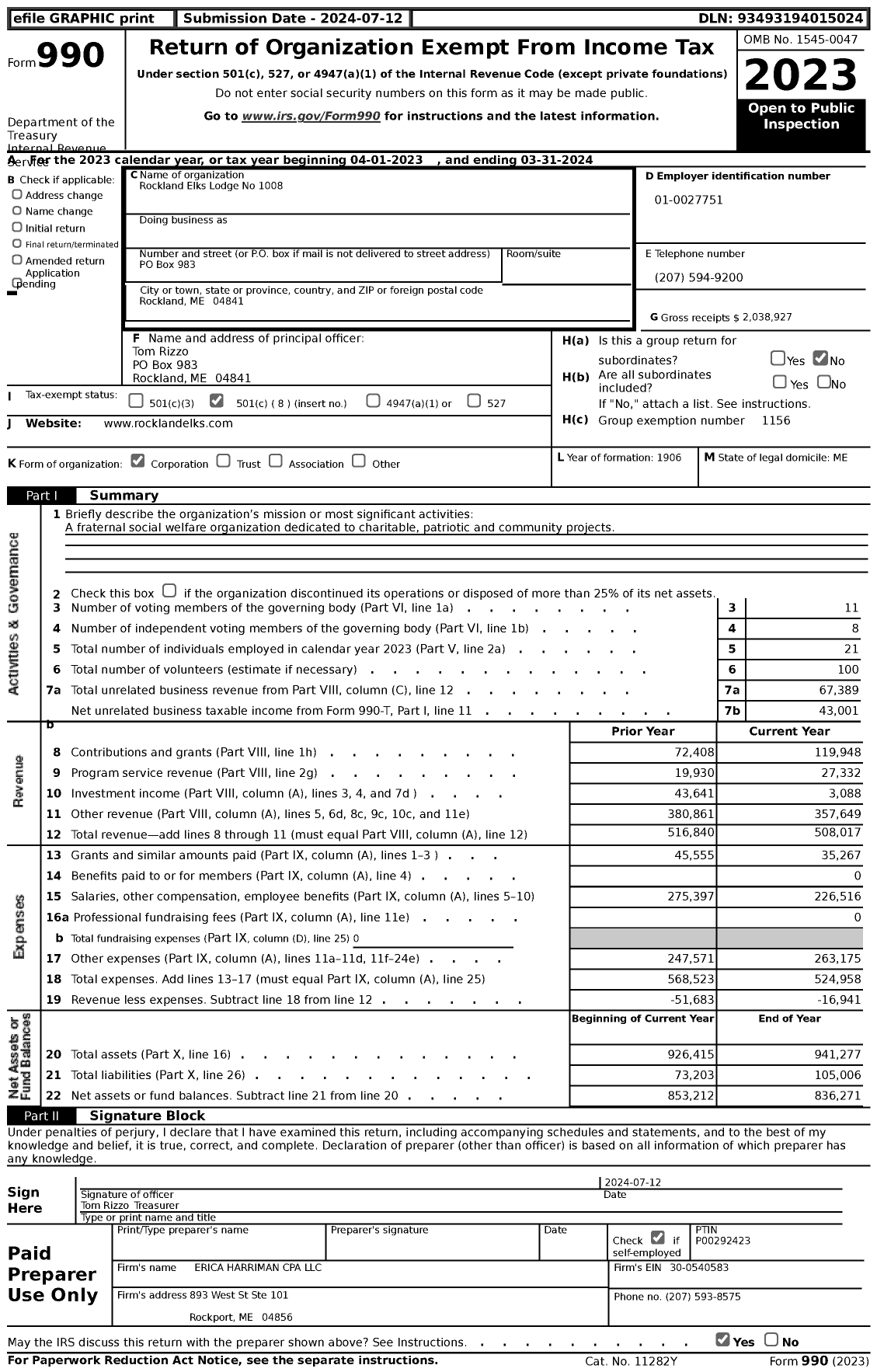 Image of first page of 2023 Form 990 for Benevolent and Protective Order of Elks - 1008 Rockland