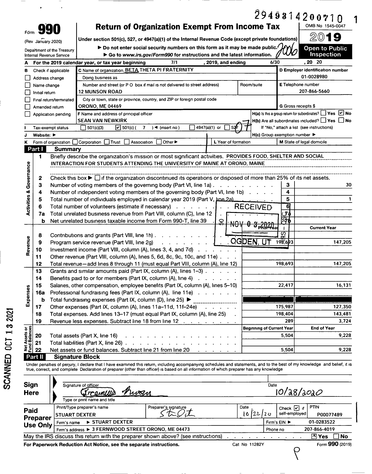 Image of first page of 2019 Form 990O for Beta Theta Pi Fraternity