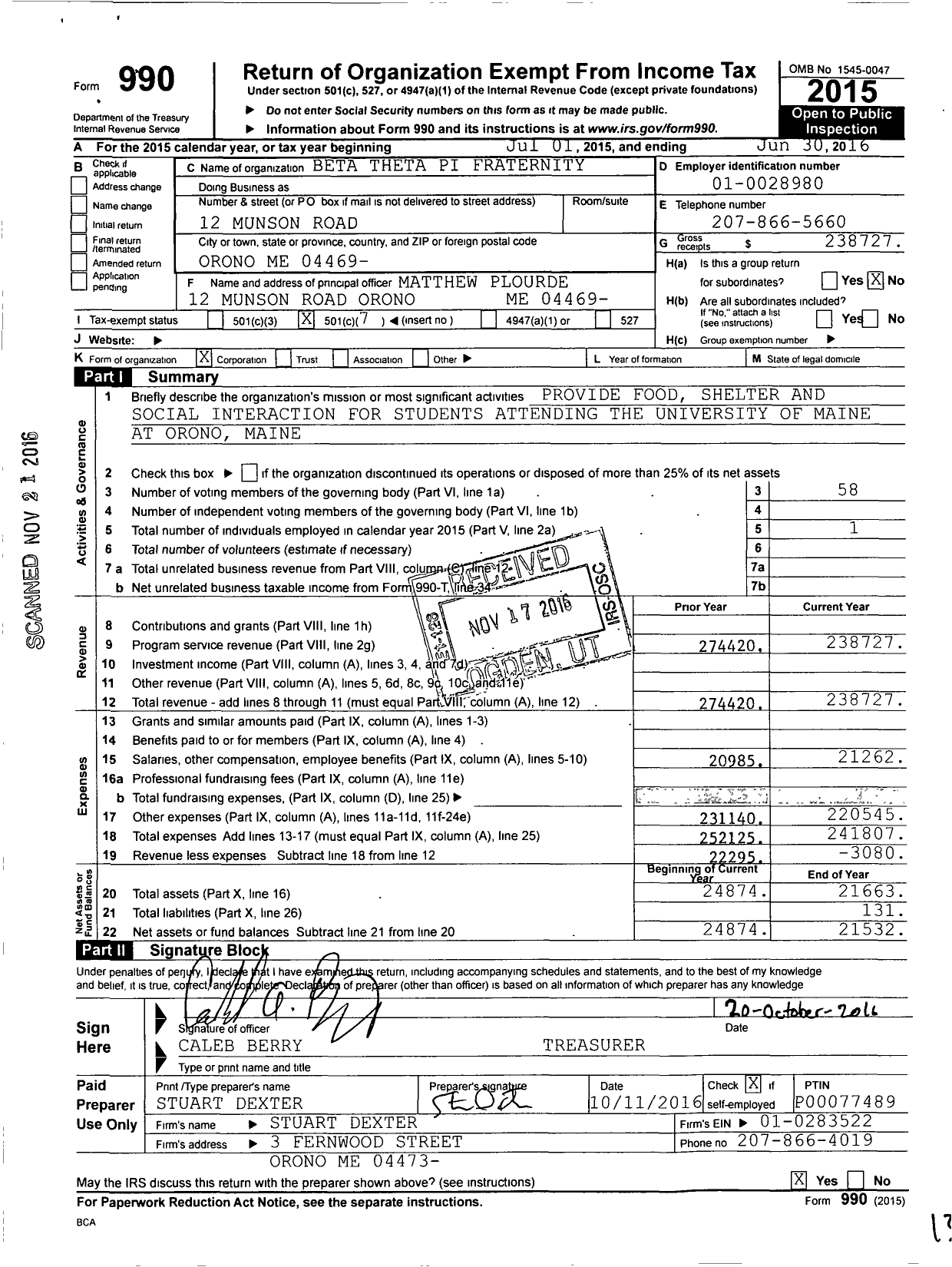 Image of first page of 2015 Form 990O for Beta Theta Pi Fraternity