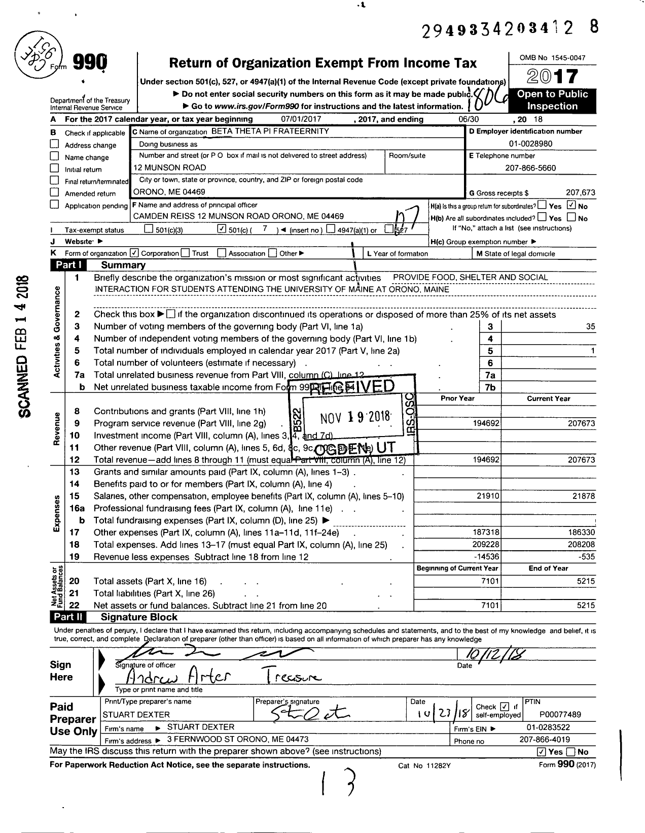 Image of first page of 2017 Form 990O for Beta Theta Pi Fraternity