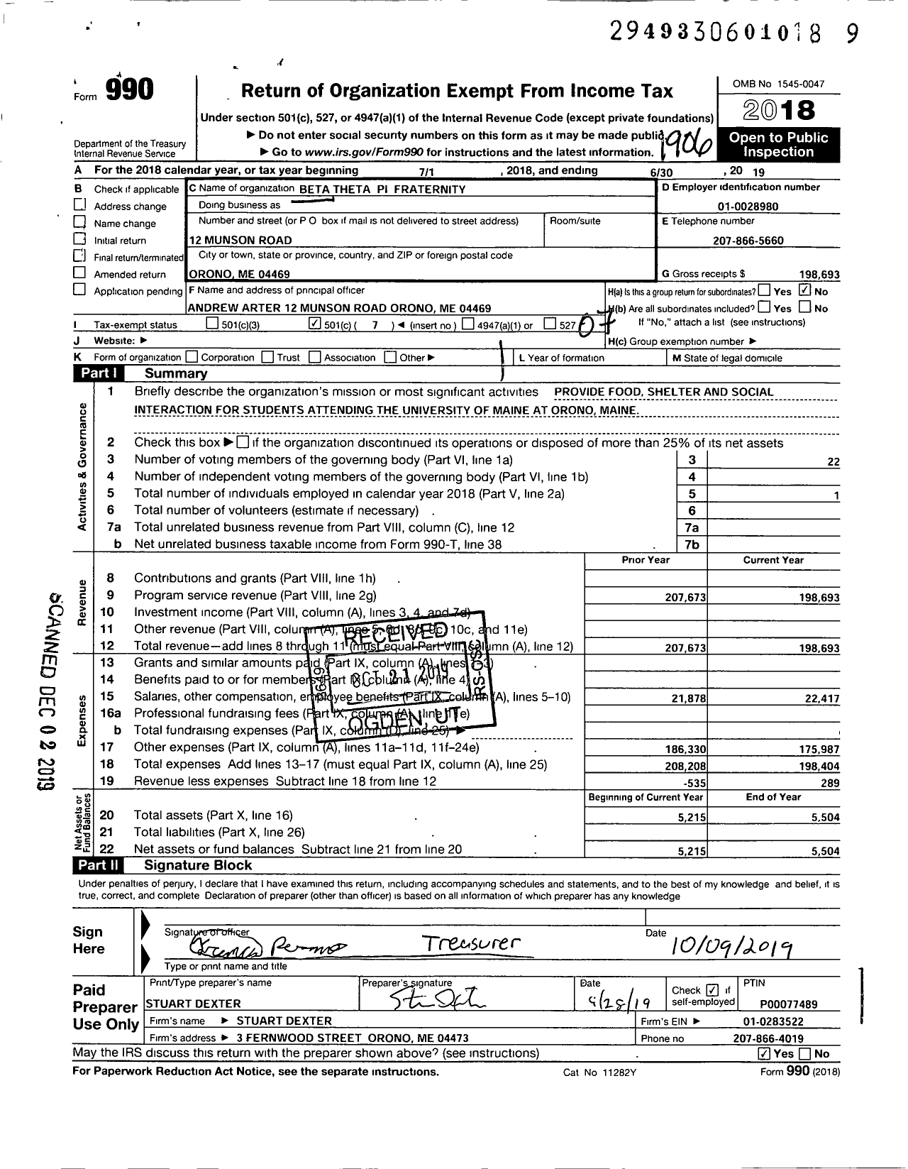 Image of first page of 2018 Form 990O for Beta Theta Pi Fraternity