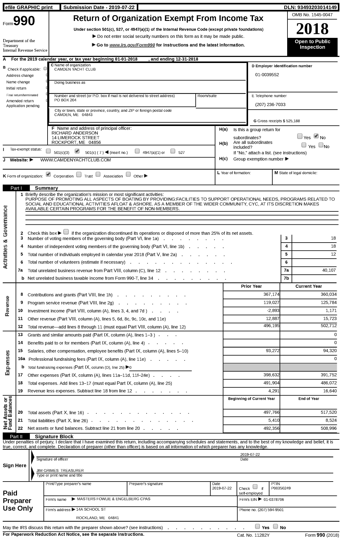 Image of first page of 2018 Form 990 for Camden Yacht Club