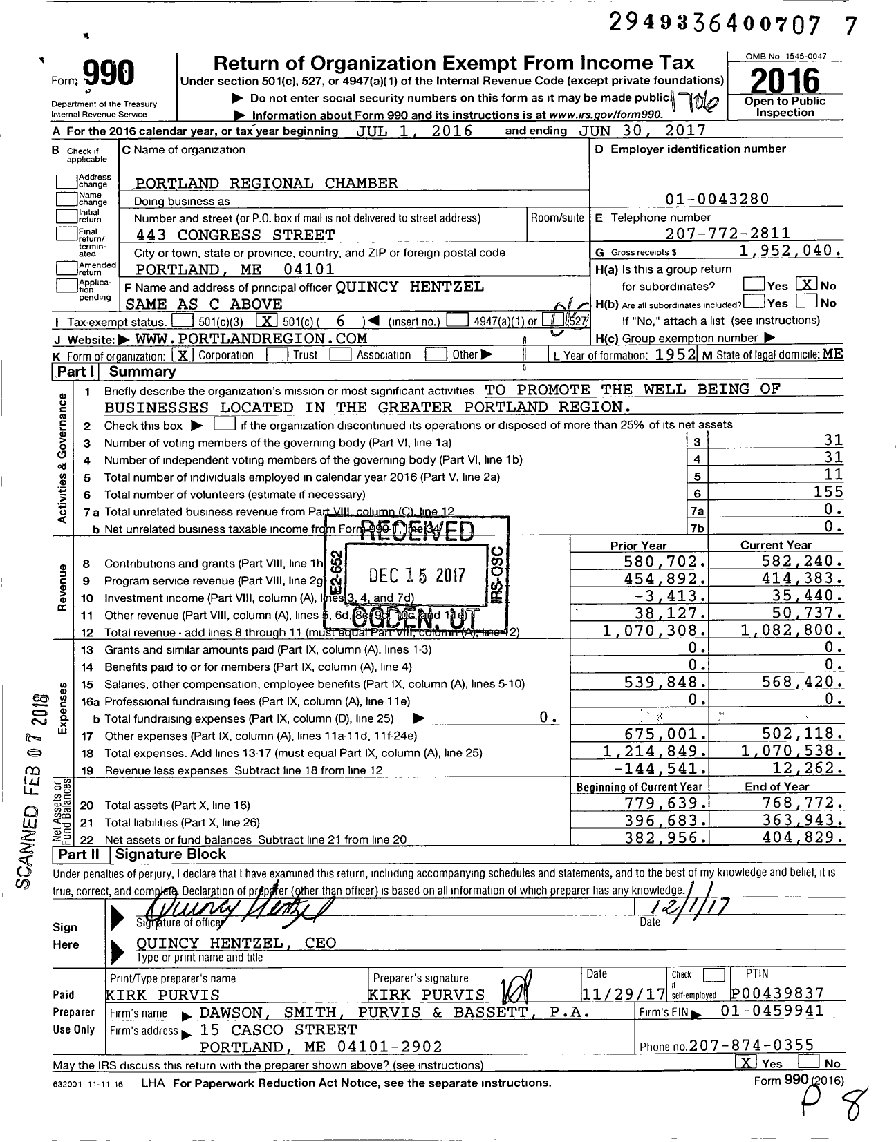 Image of first page of 2016 Form 990O for Portland Regional Chamber