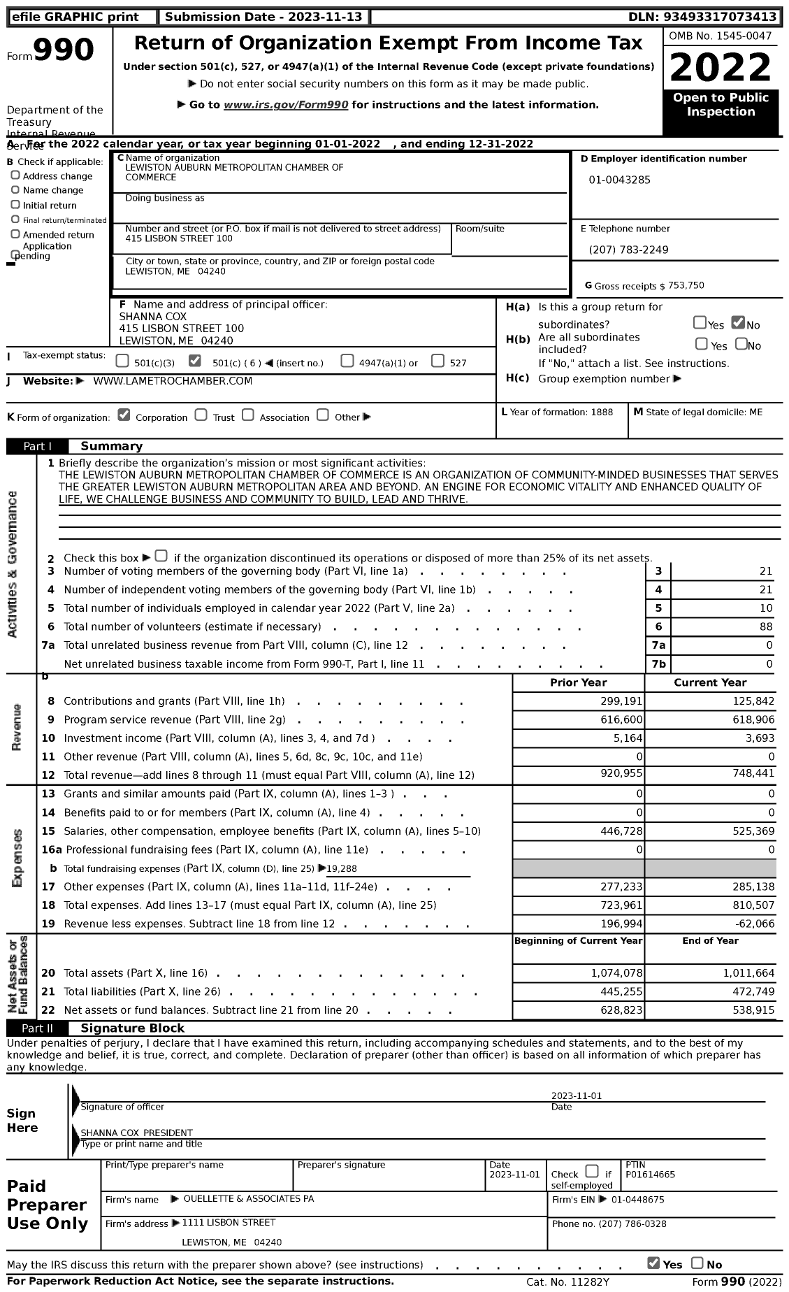 Image of first page of 2022 Form 990 for Lewiston Auburn Metropolitan Chamber of Commerce