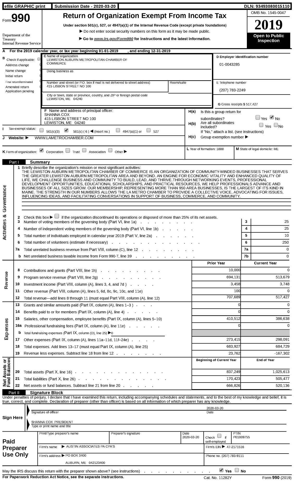 Image of first page of 2019 Form 990 for Lewiston Auburn Metropolitan Chamber of Commerce