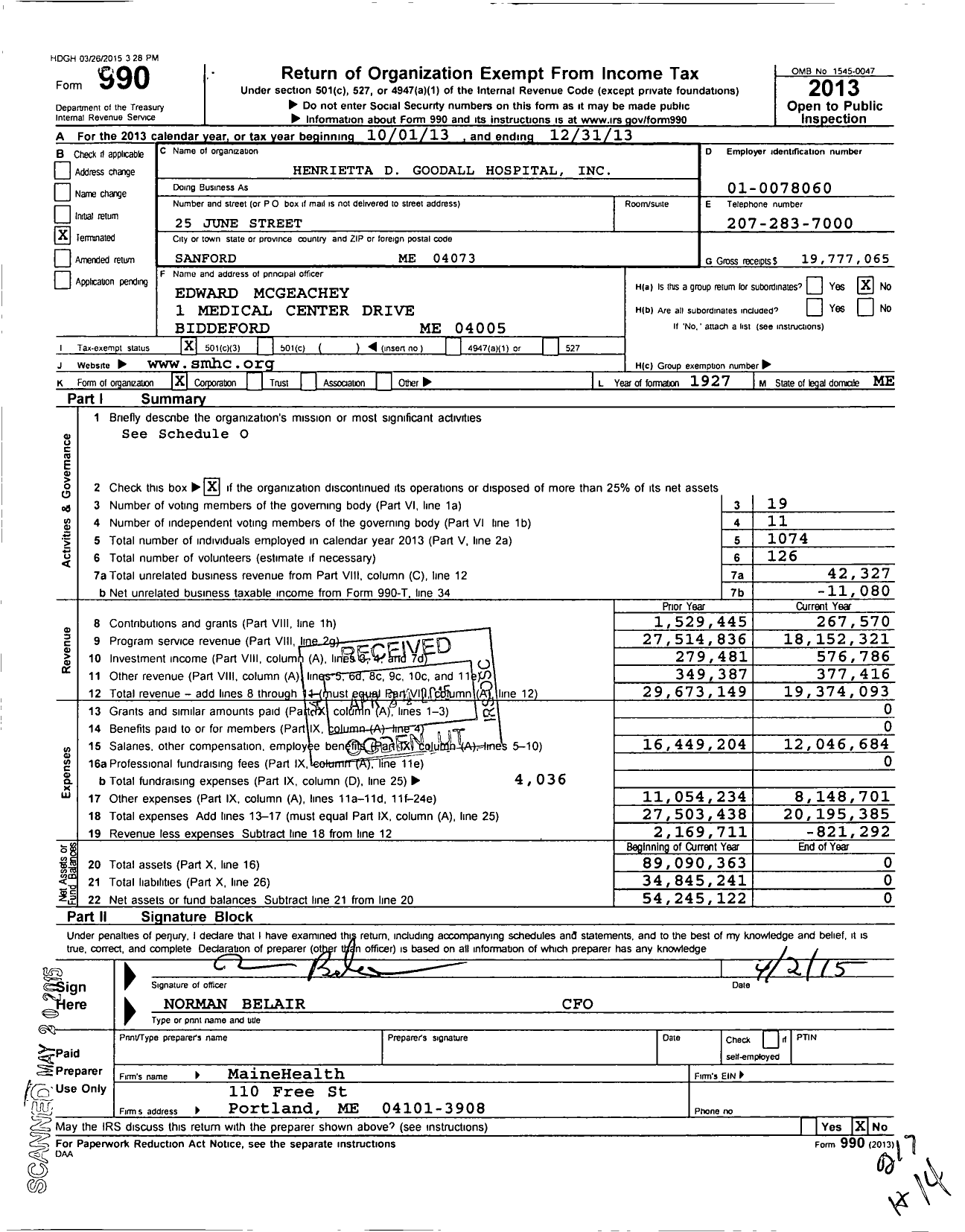 Image of first page of 2013 Form 990 for Southern Maine Health Care (SMHC)