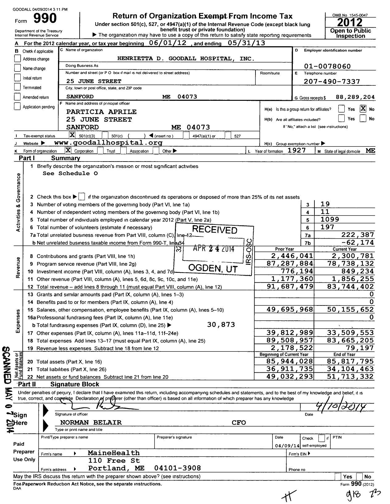Image of first page of 2012 Form 990 for Southern Maine Health Care (SMHC)