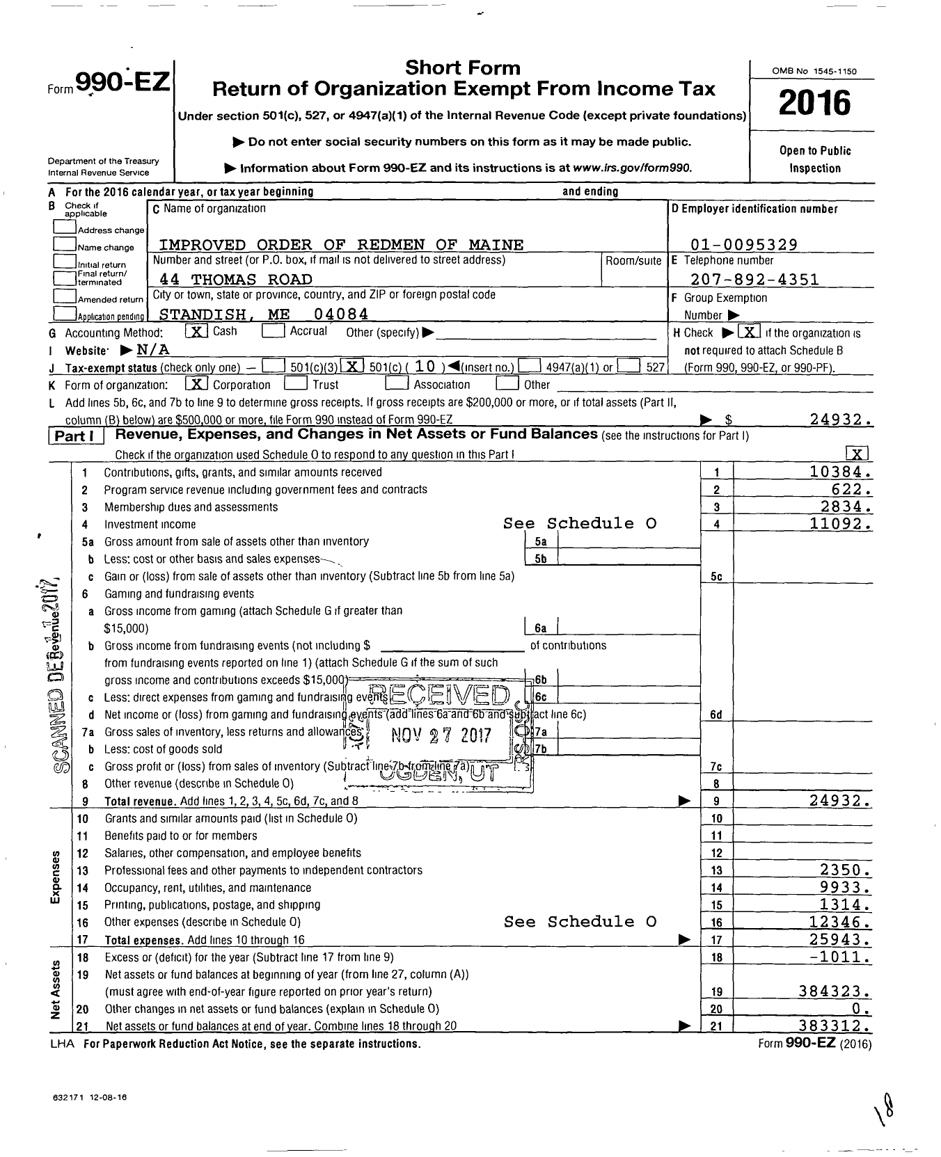 Image of first page of 2016 Form 990EO for Improved Order of Redmen of Maine / Great Council (IORM)