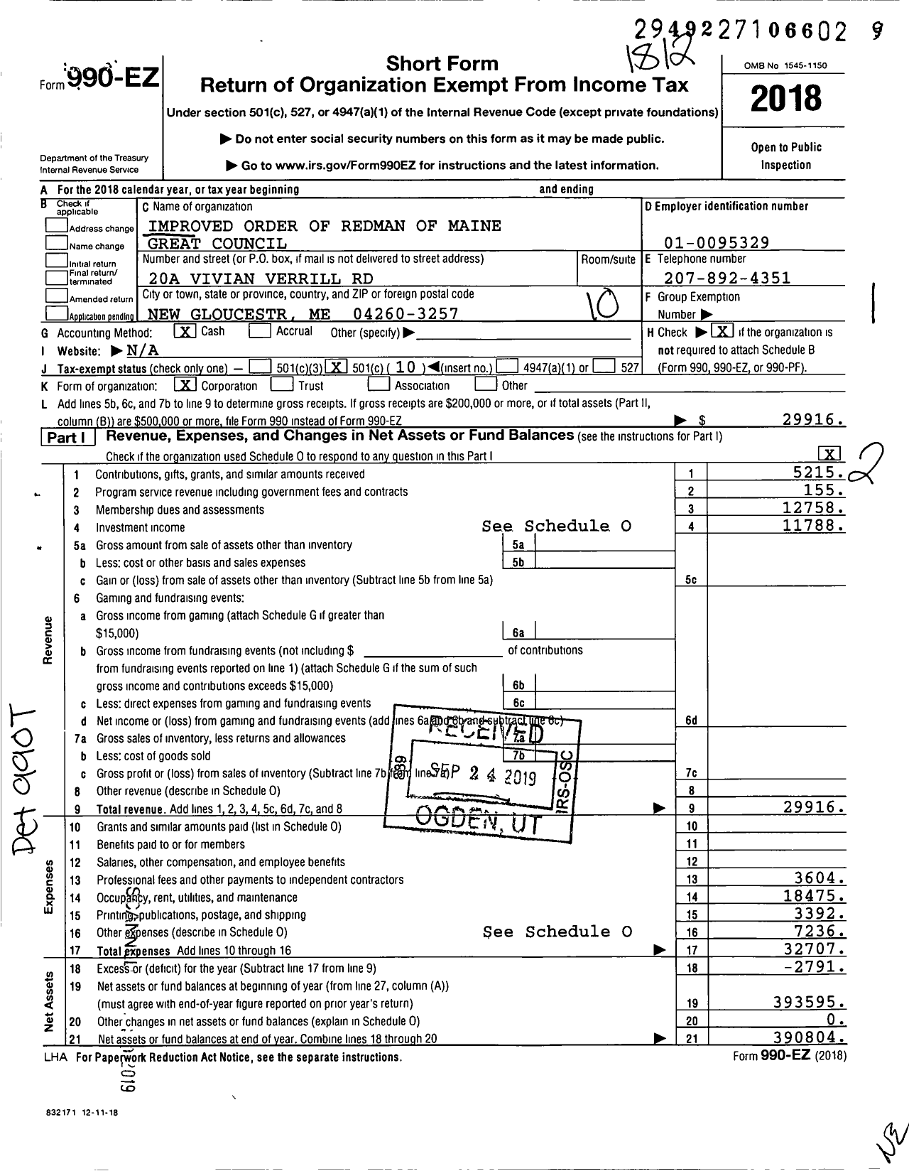 Image of first page of 2018 Form 990EO for Improved Order of Redmen of Maine / Great Council (IORM)