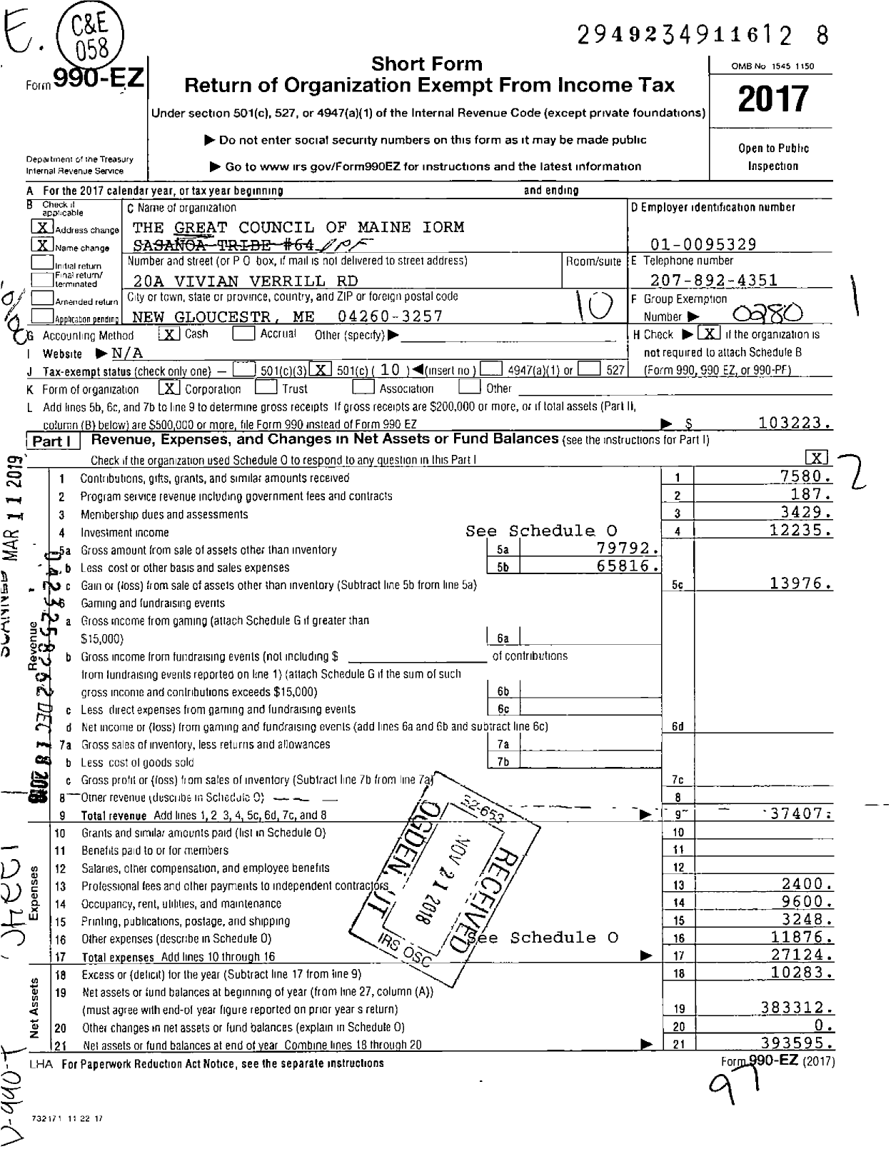 Image of first page of 2017 Form 990EO for Improved Order of Redmen of Maine / Great Council (IORM)