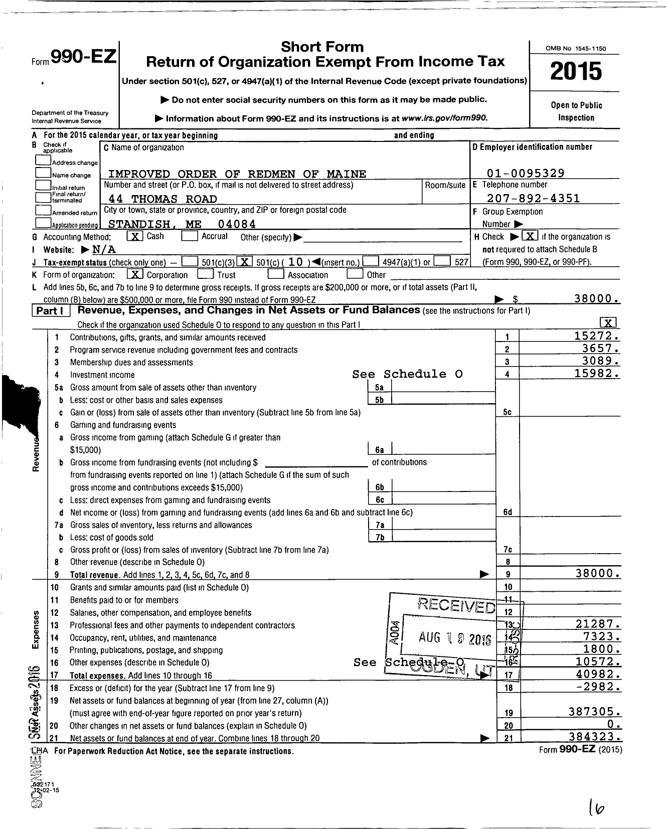 Image of first page of 2015 Form 990EO for Improved Order of Redmen of Maine / Great Council (IORM)