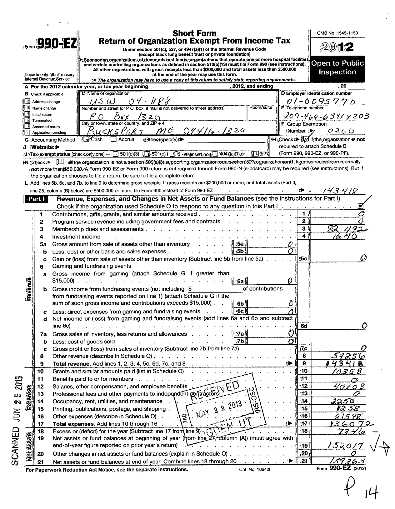 Image of first page of 2012 Form 990EO for United Steelworkers - 01188 Local