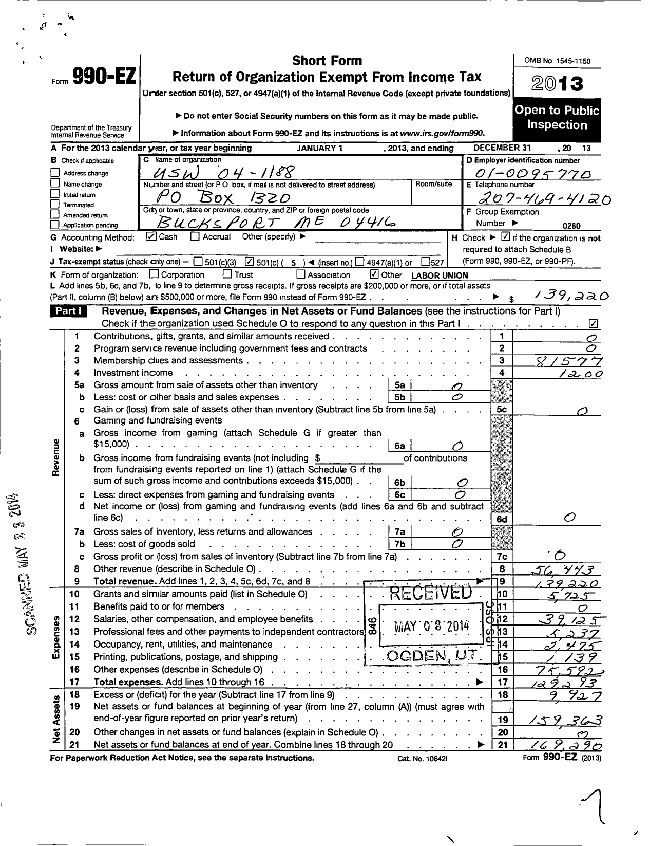 Image of first page of 2013 Form 990EO for United Steelworkers - 01188 Local