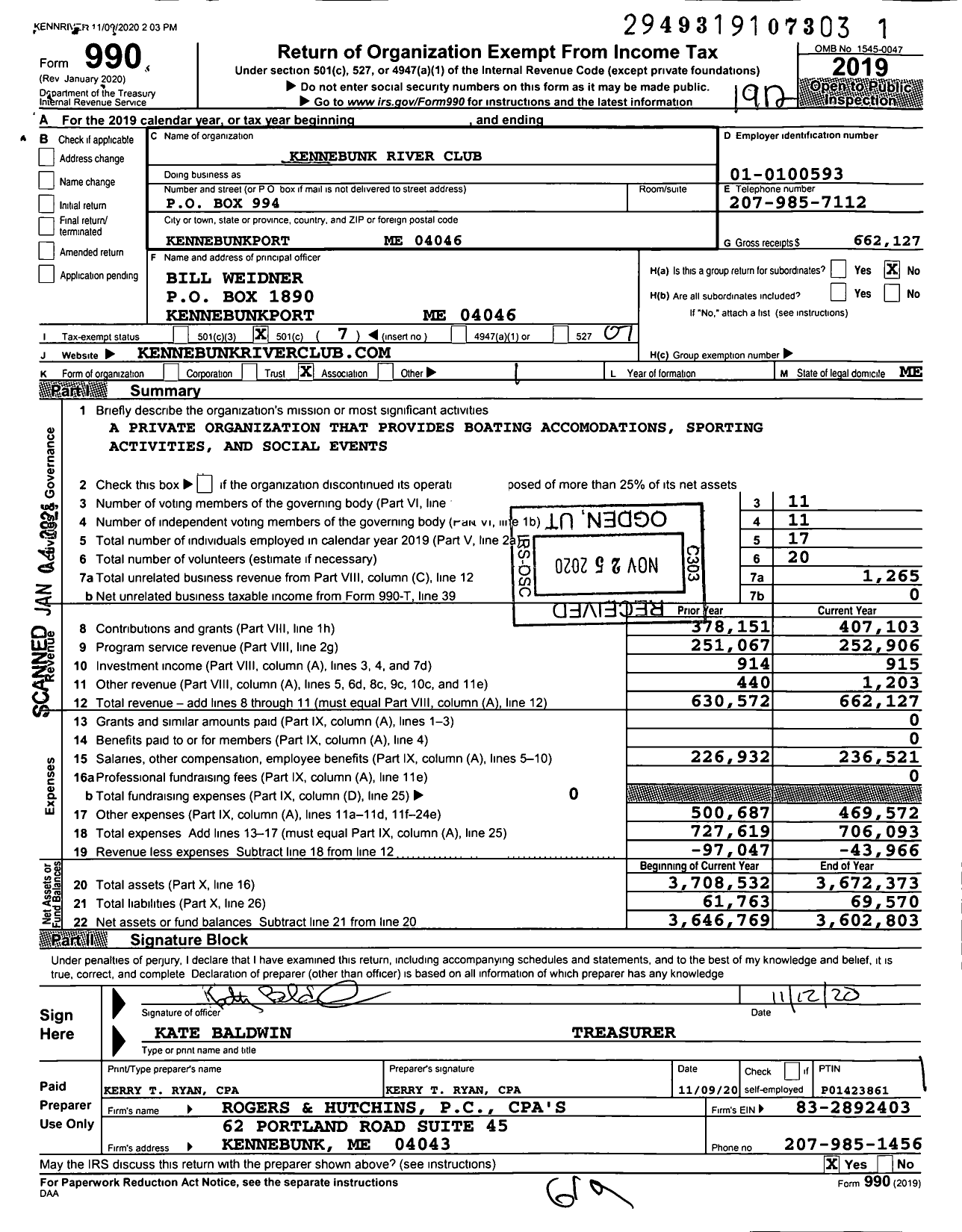 Image of first page of 2019 Form 990O for Kennebunk River Club