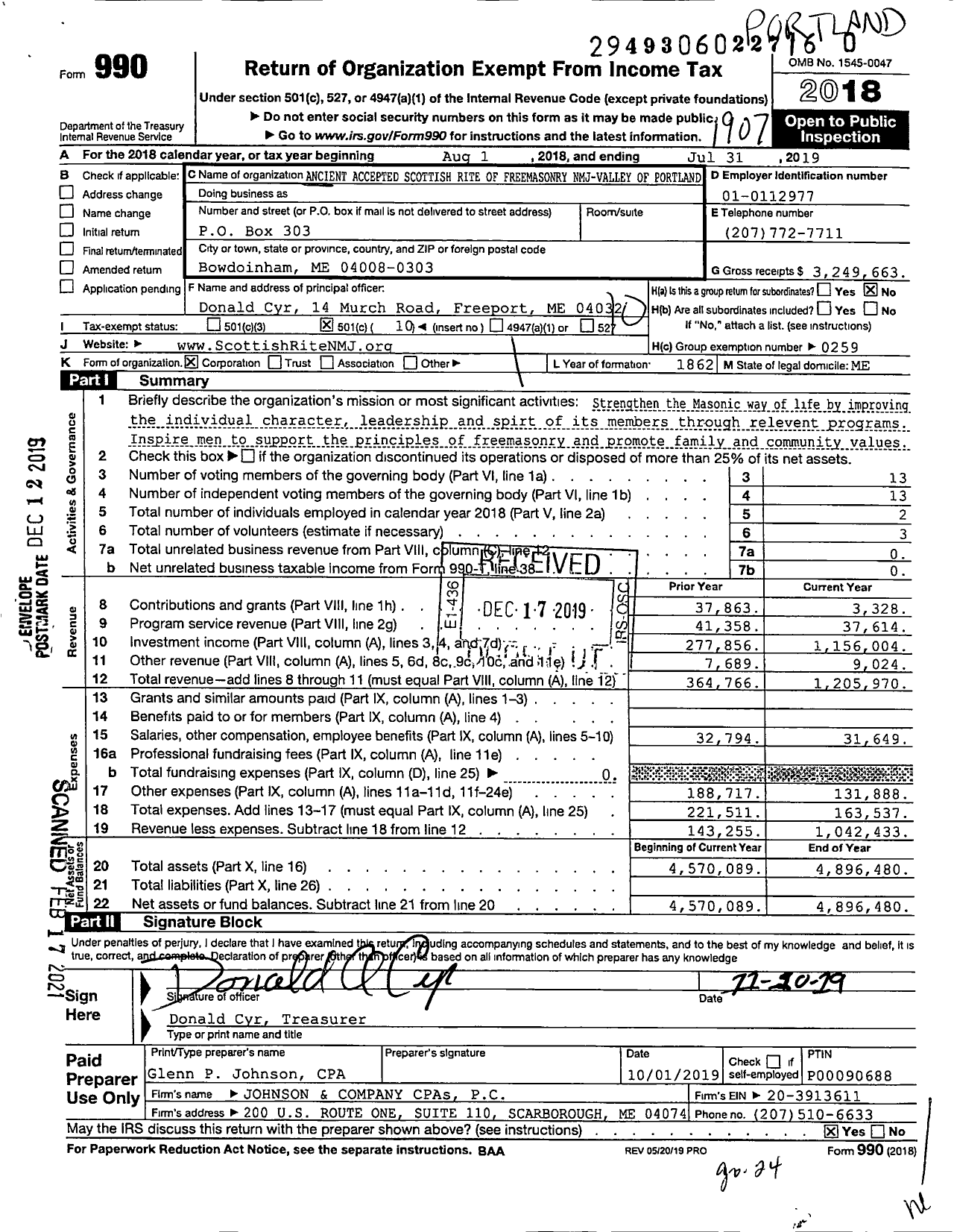 Image of first page of 2018 Form 990O for Scottish Rite, nmj - Valley of Portland Consistory