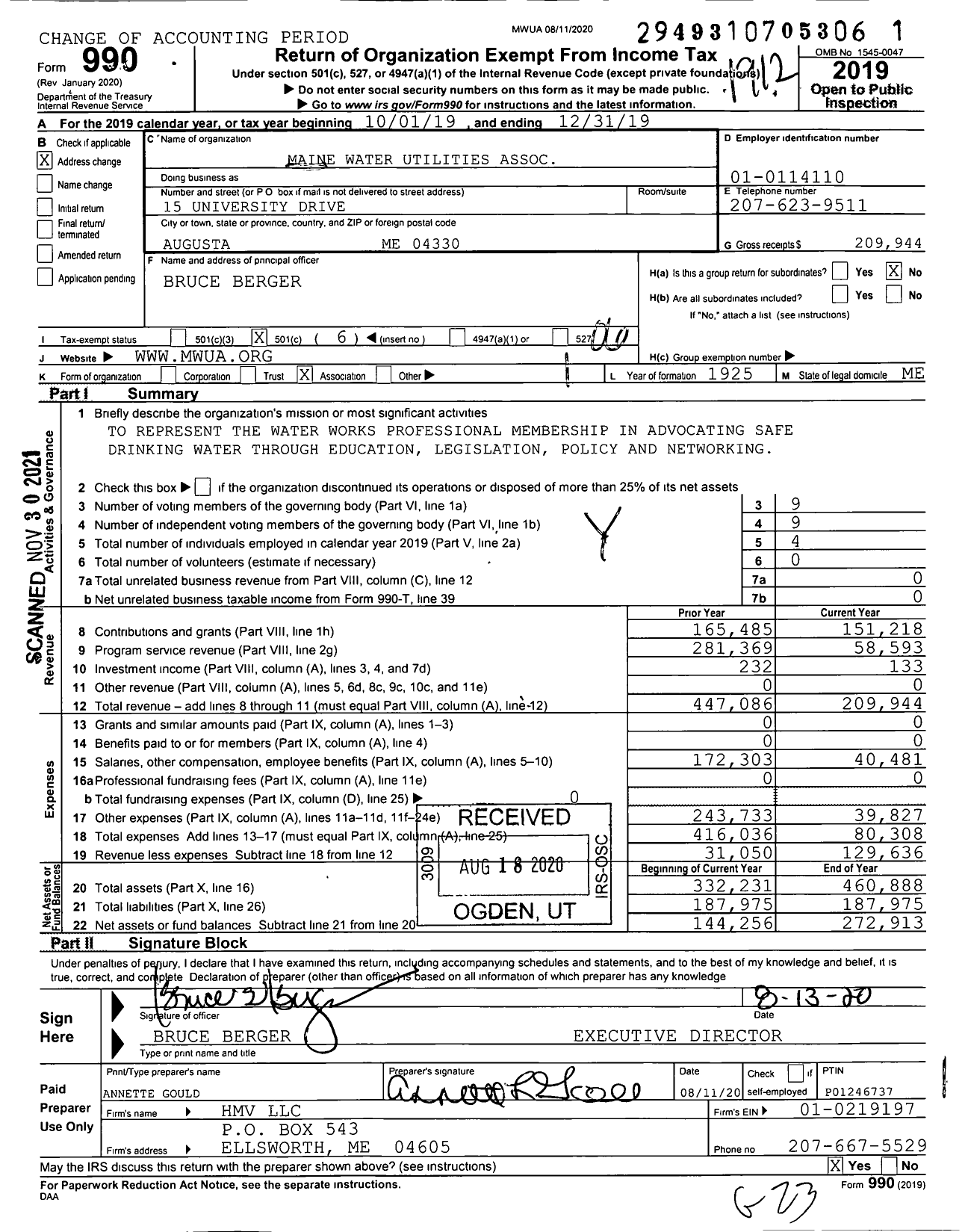 Image of first page of 2019 Form 990O for Maine Water Utilities Association