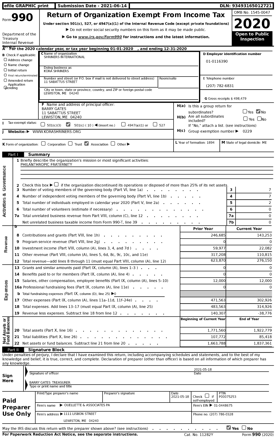 Image of first page of 2020 Form 990 for Shriners International - Kora Shriners