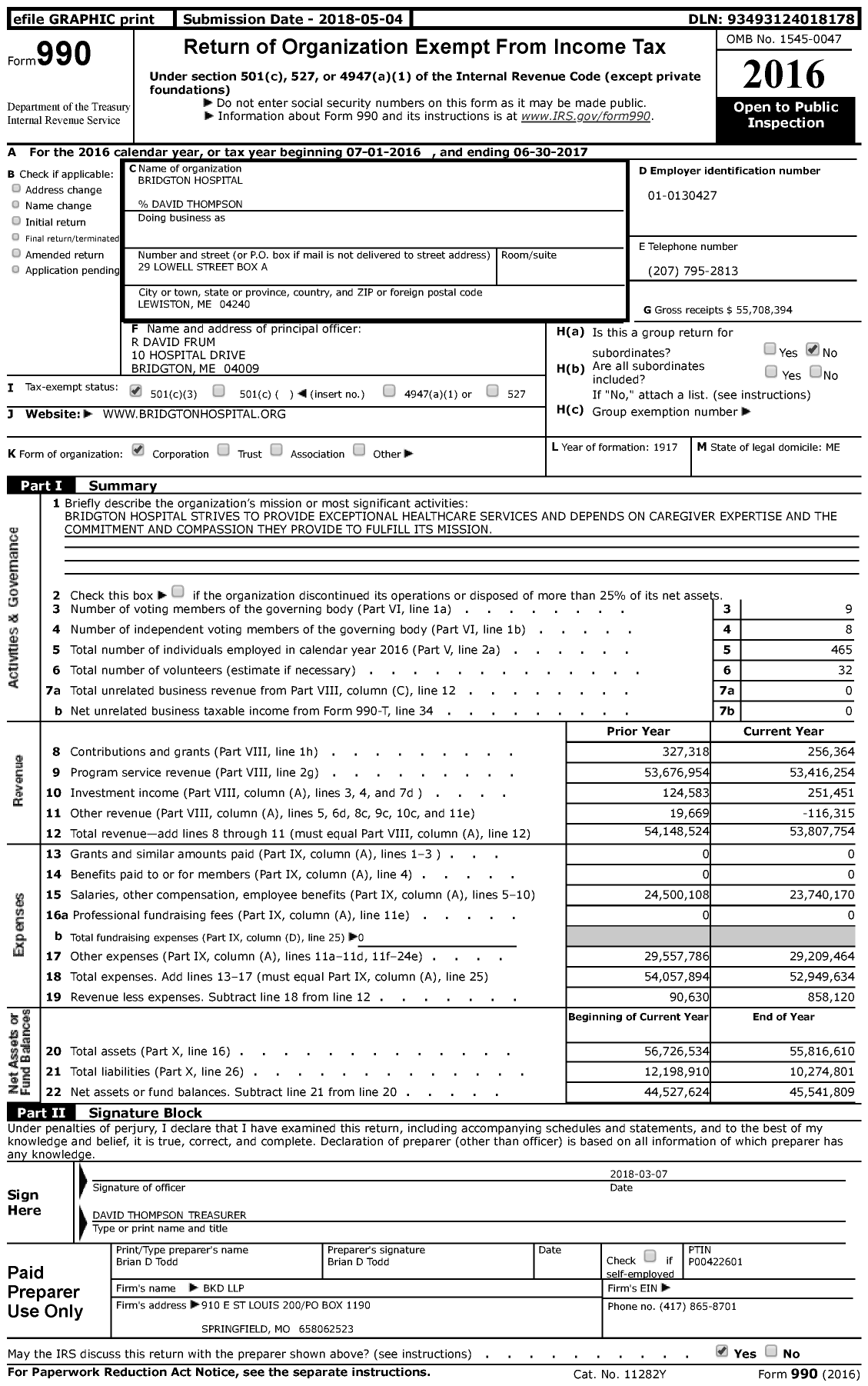 Image of first page of 2016 Form 990 for Bridgton Hospital