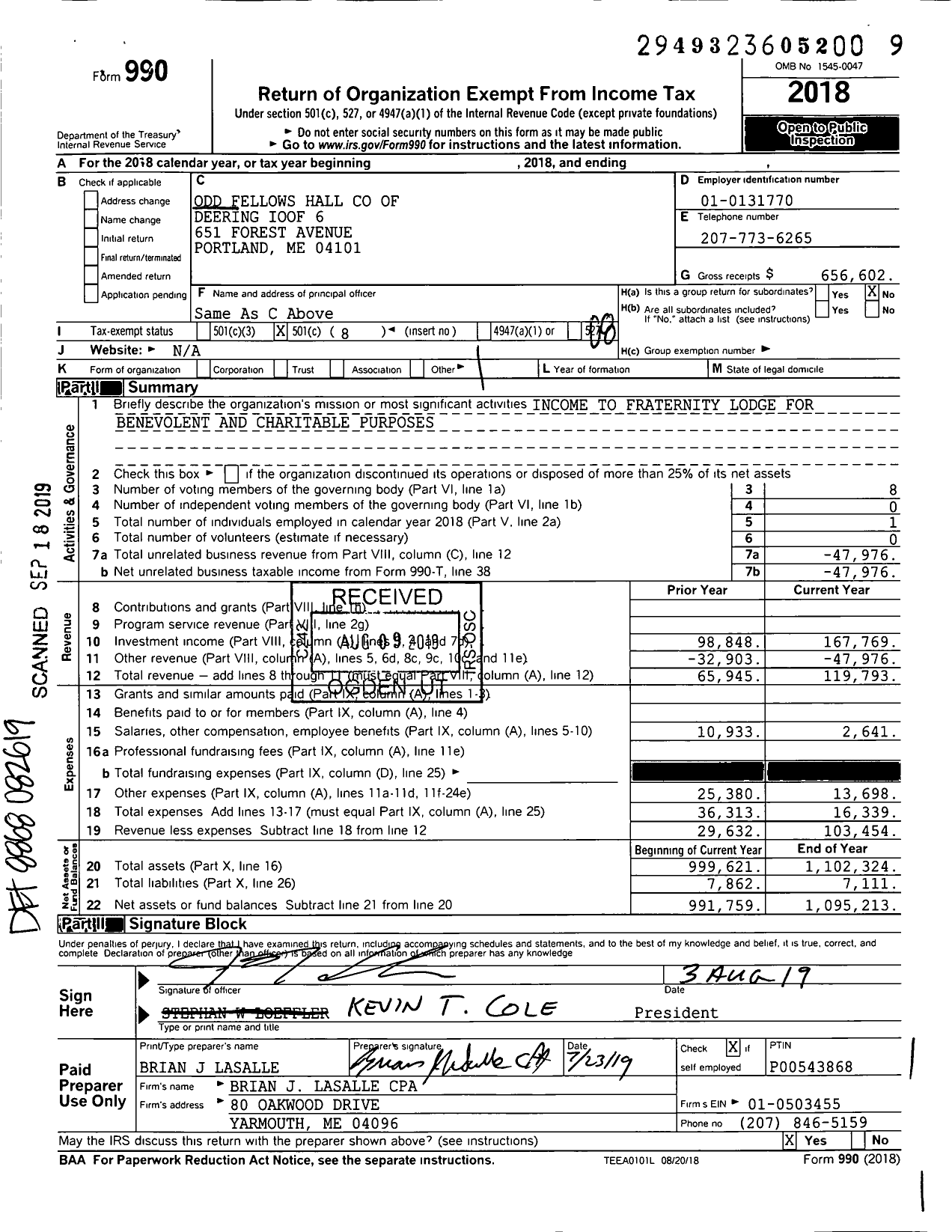 Image of first page of 2018 Form 990O for Odd Fellows Hall of Deering Ioof 6