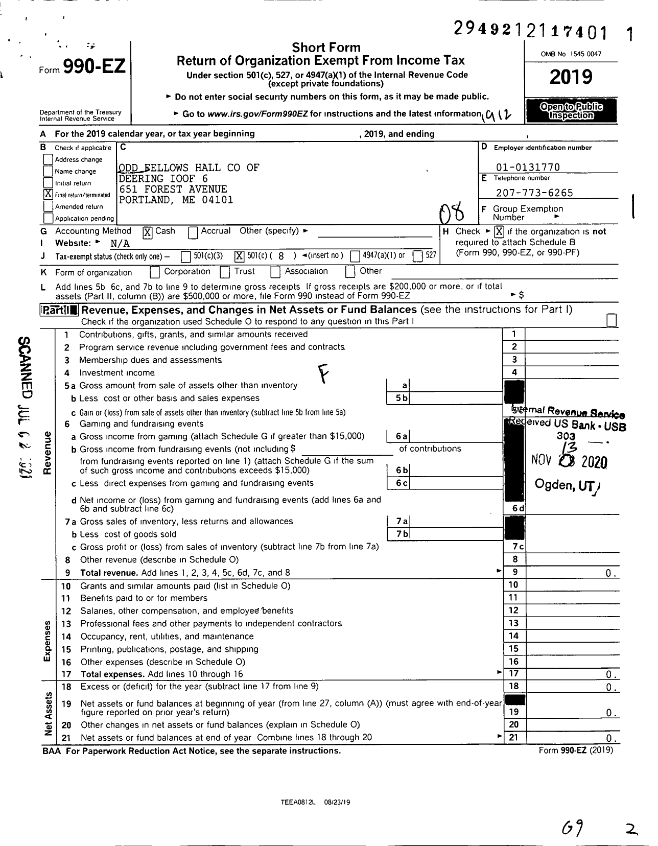 Image of first page of 2019 Form 990EO for Odd Fellows Hall of Deering Ioof 6