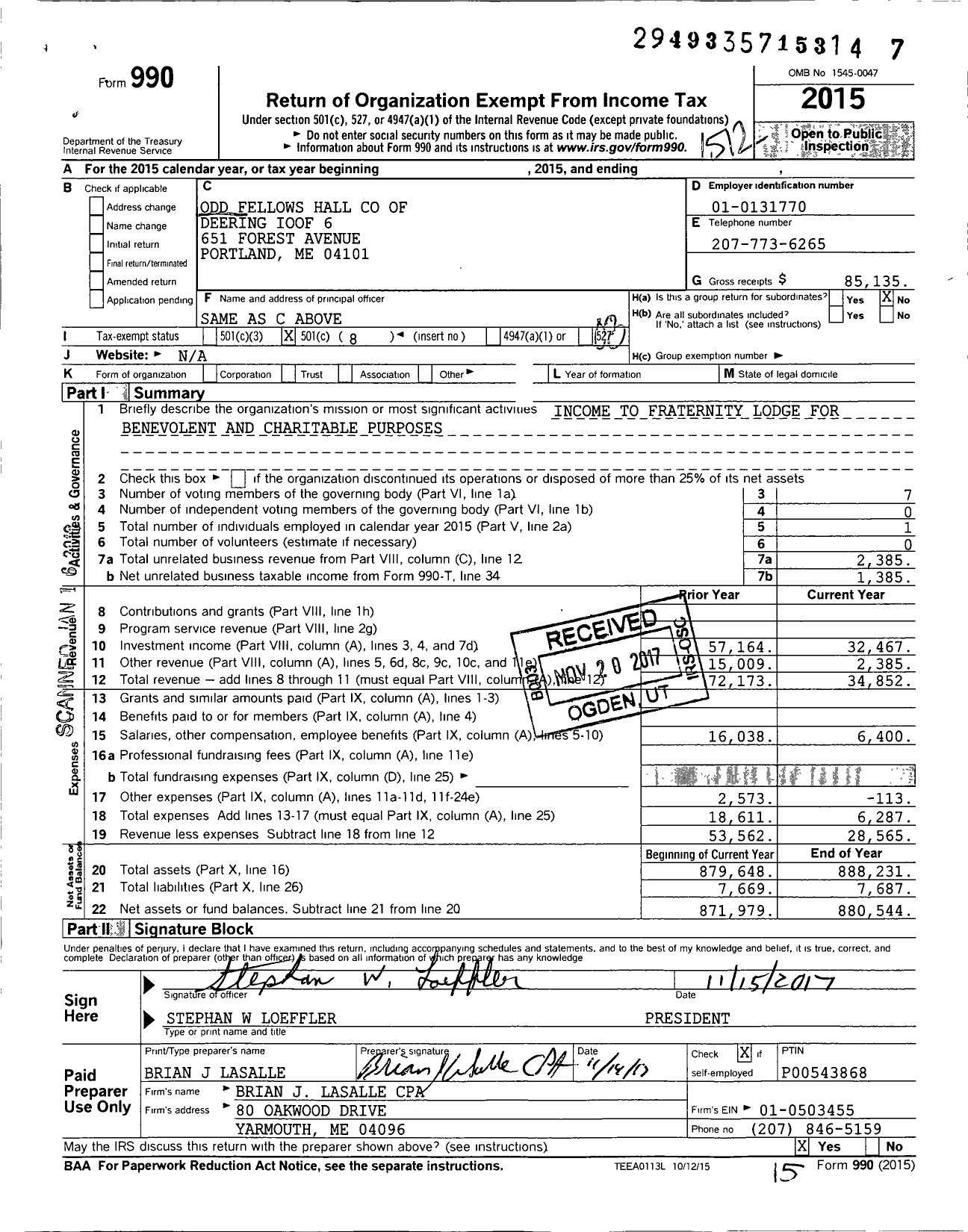 Image of first page of 2015 Form 990O for Odd Fellows Hall of Deering Ioof 6