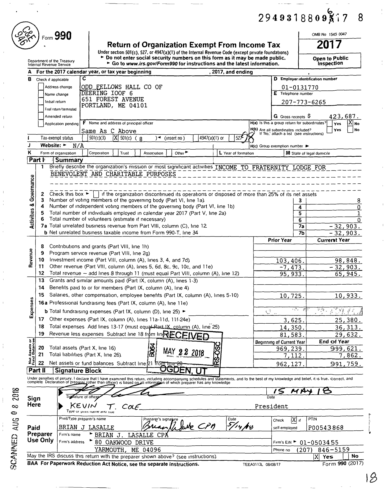 Image of first page of 2017 Form 990O for Odd Fellows Hall of Deering Ioof 6