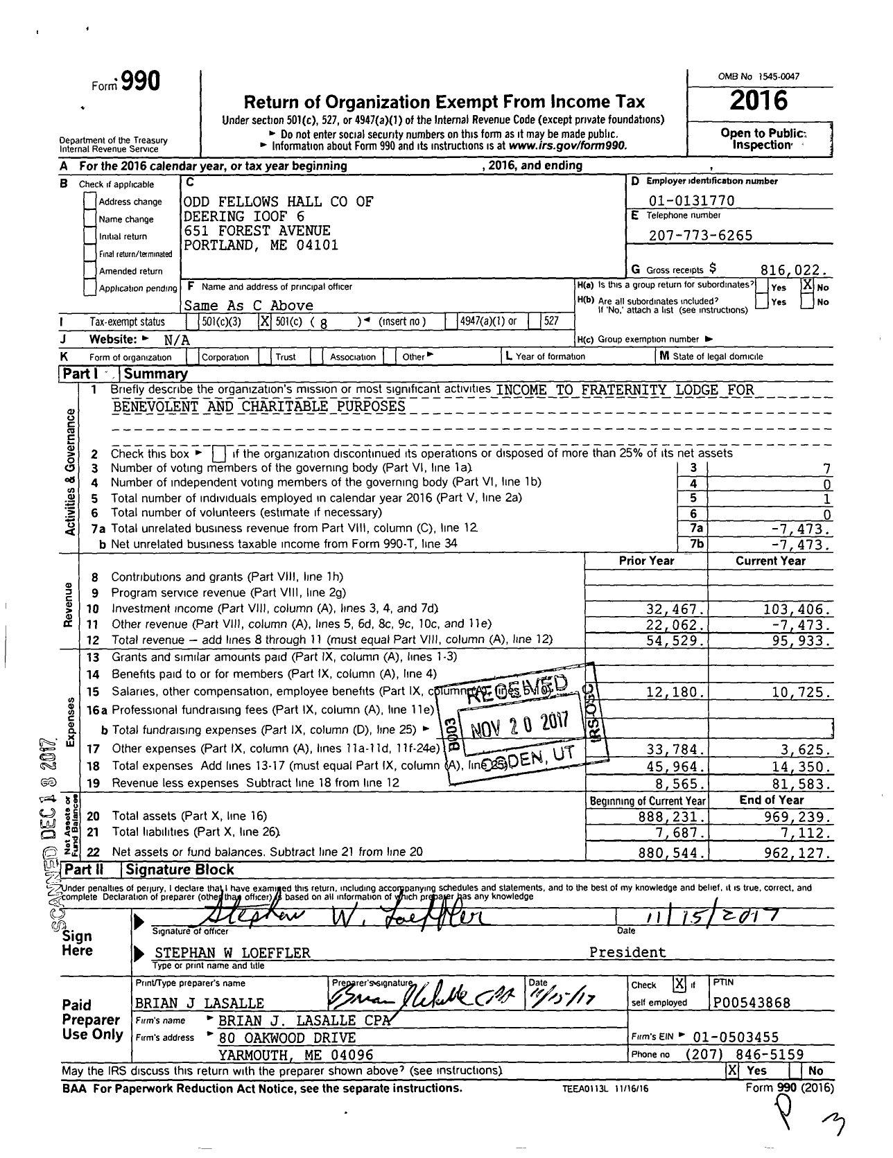 Image of first page of 2016 Form 990O for Odd Fellows Hall of Deering Ioof 6