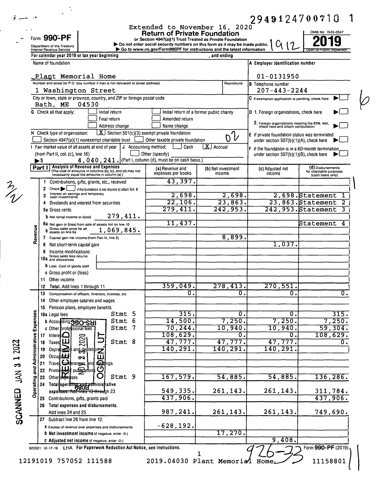 Image of first page of 2019 Form 990PF for Plant Memorial Home