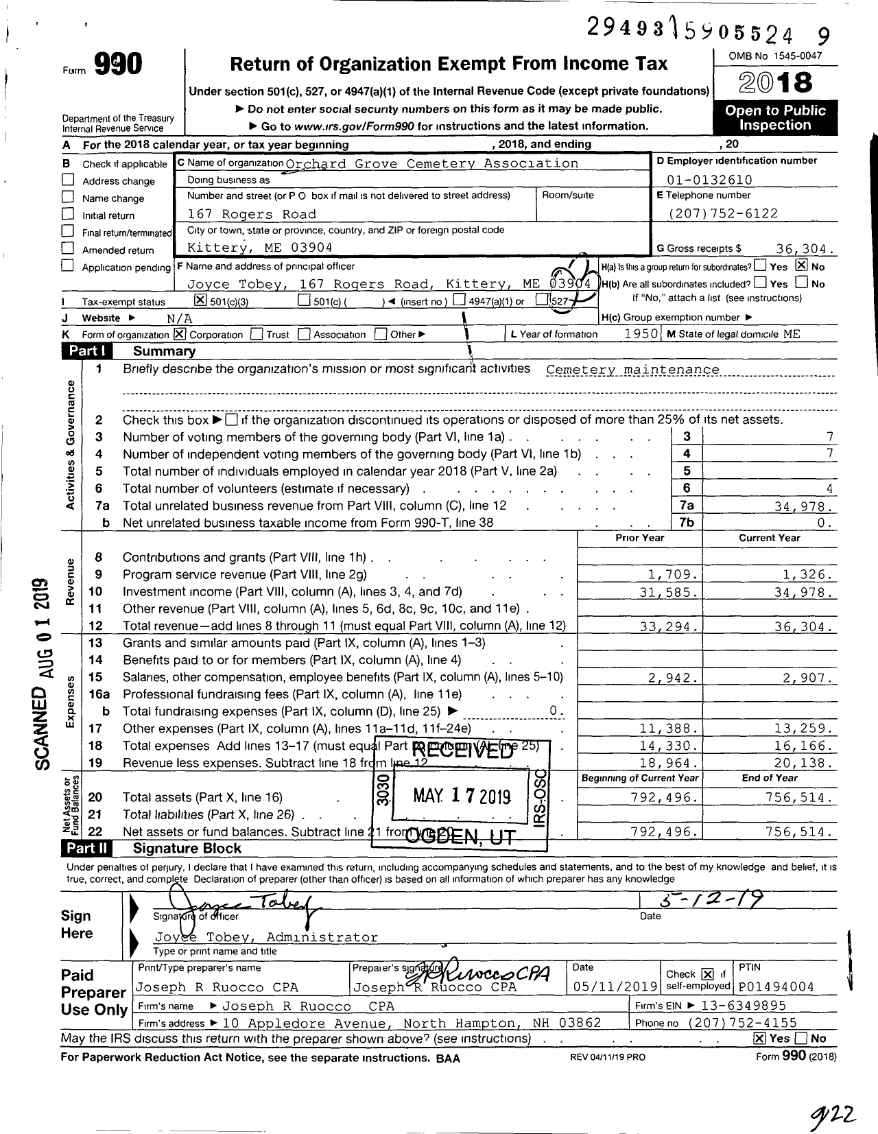 Image of first page of 2018 Form 990 for Orchard Grove Cemetery Association