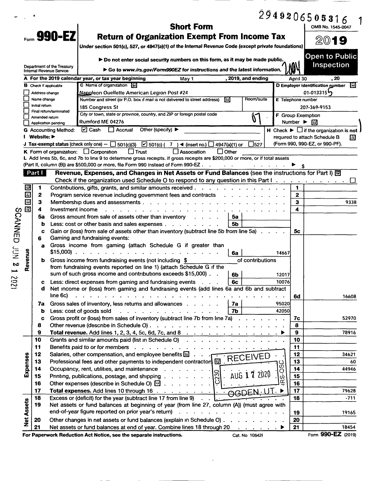 Image of first page of 2019 Form 990EO for American Legion - 24 Napoleon Ouellette Post