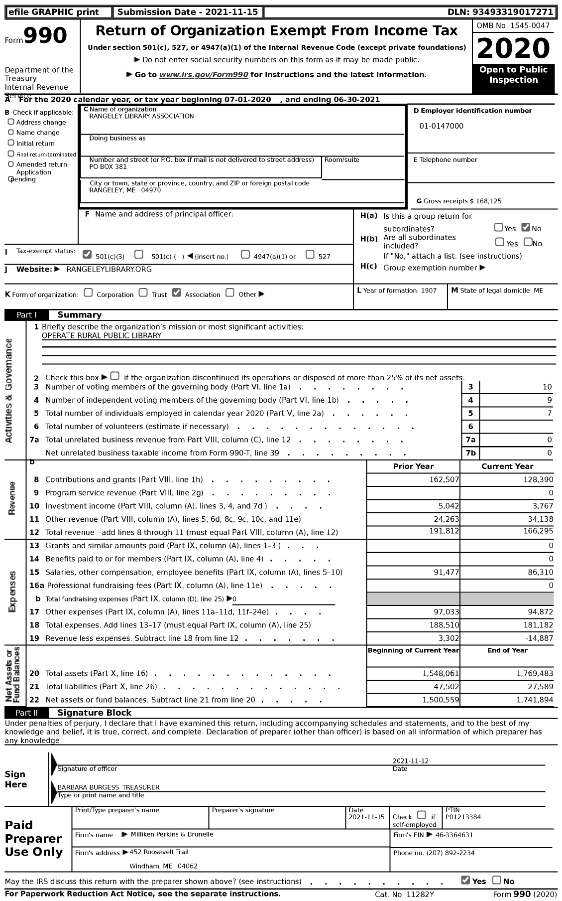 Image of first page of 2020 Form 990 for Rangeley Library Association