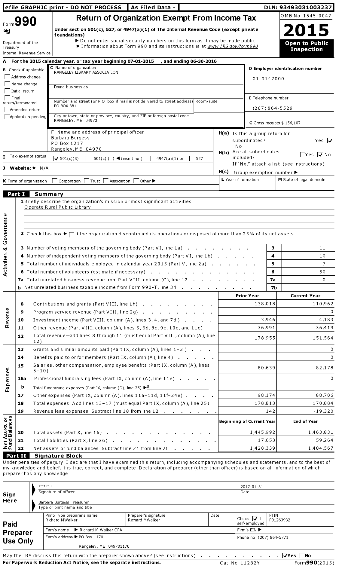 Image of first page of 2015 Form 990 for Rangeley Library Association