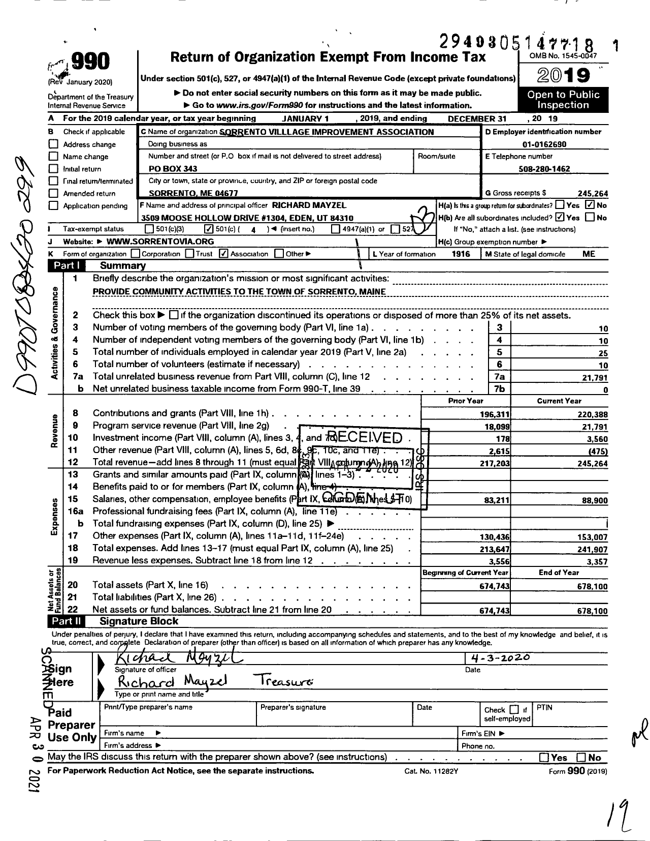 Image of first page of 2019 Form 990 for Sorrento Village Improvement Association