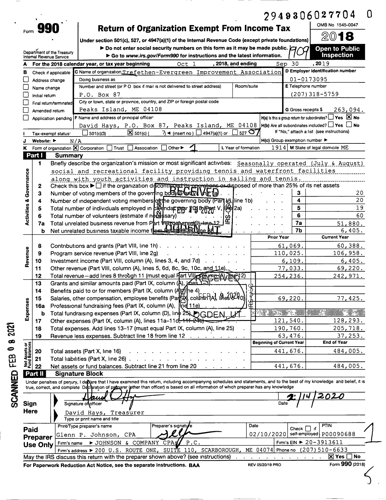 Image of first page of 2018 Form 990O for Trefethen-Evergreen Improvement Association