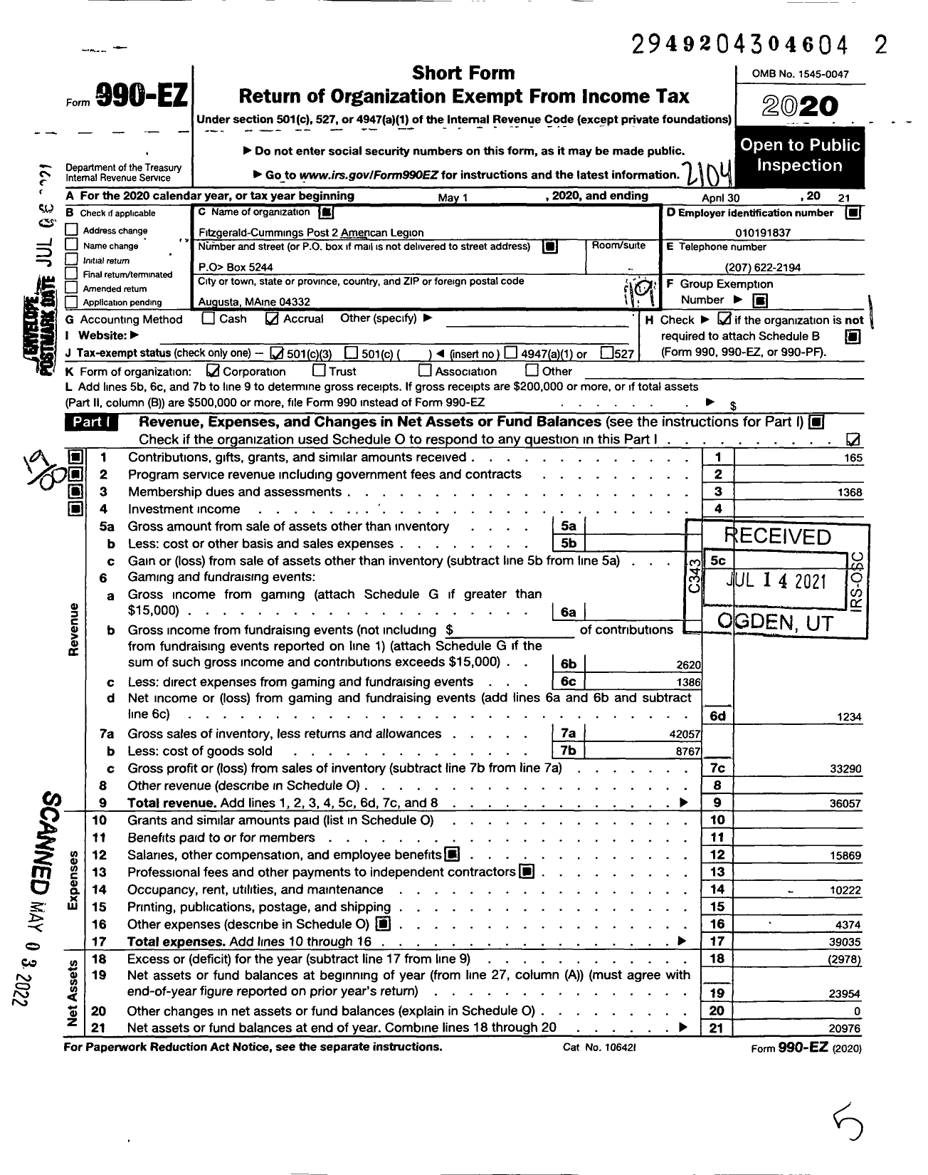 Image of first page of 2020 Form 990EO for American Legion 0002 Fitzgerald-Cummings